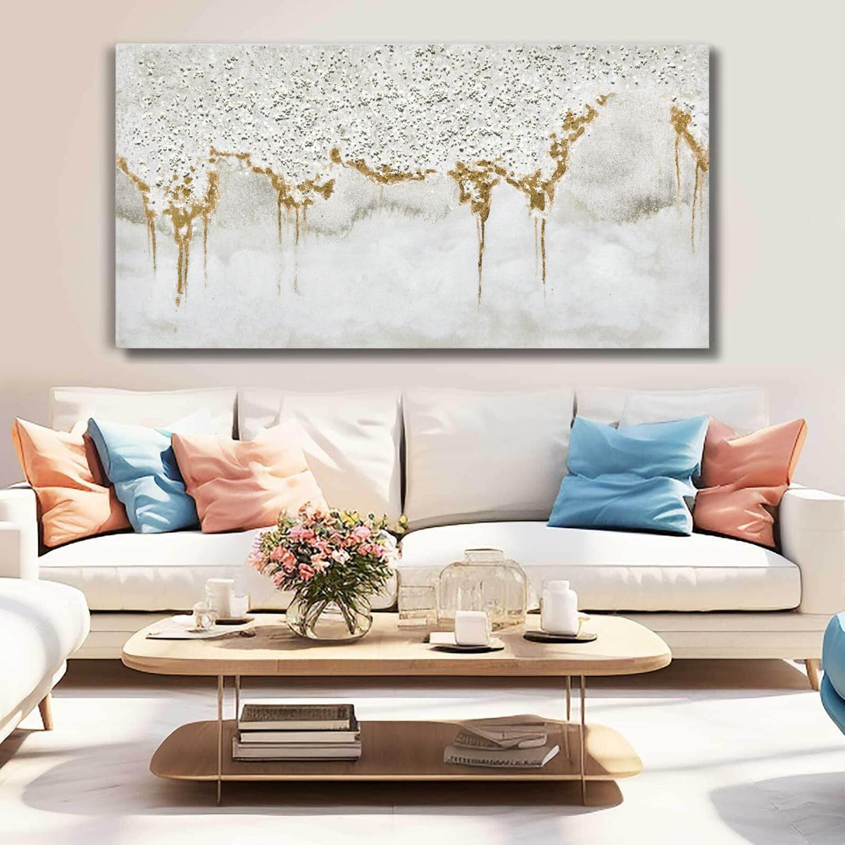 TRAIN2 ART Textured Abstract Glitter Artwork Canvas Wall Art, White Acrylic Painting and Gold Foil Oil Painting Wall Art on Canvas for Living Room Decor Gold and Gray (Gold, 24X48inch)