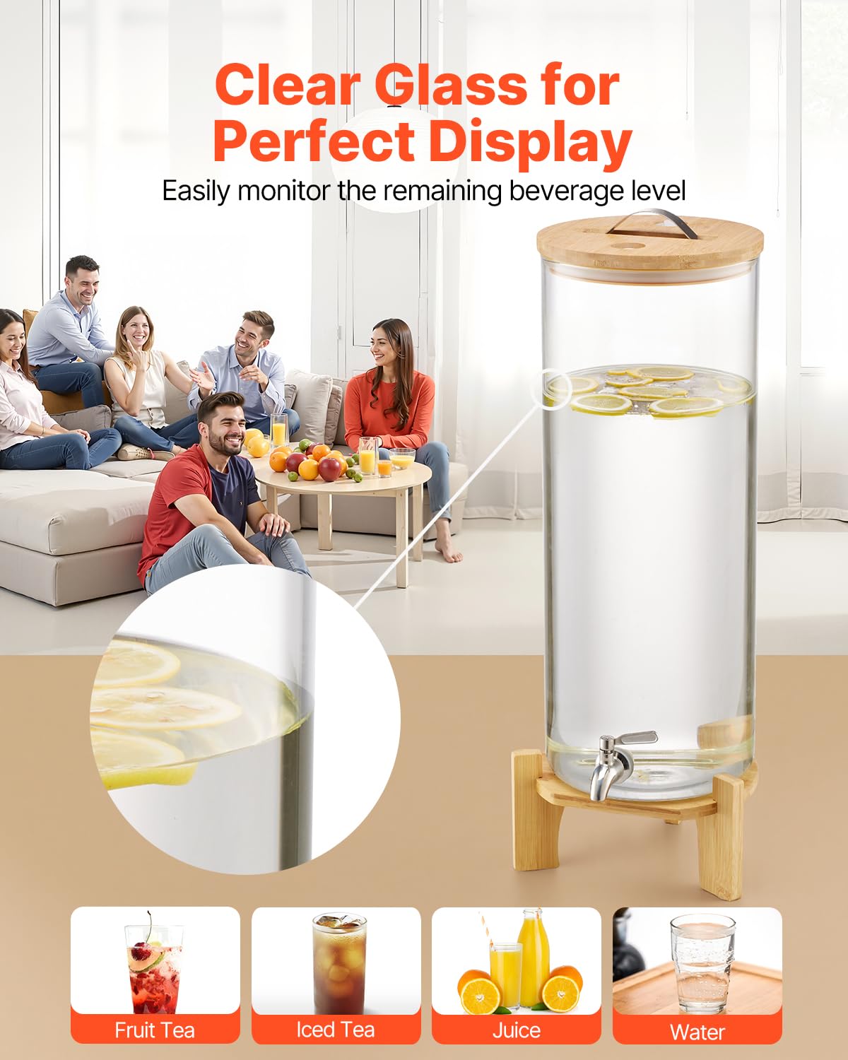 VEVOR Beverage Dispenser, 3.5 Gallon Drink Dispensers for Parties, Glass Juice Dispenser with Wood Stand, Stainless Steel Spigot, Iced Tea Lemonade Juice Water Dispensers for Parties