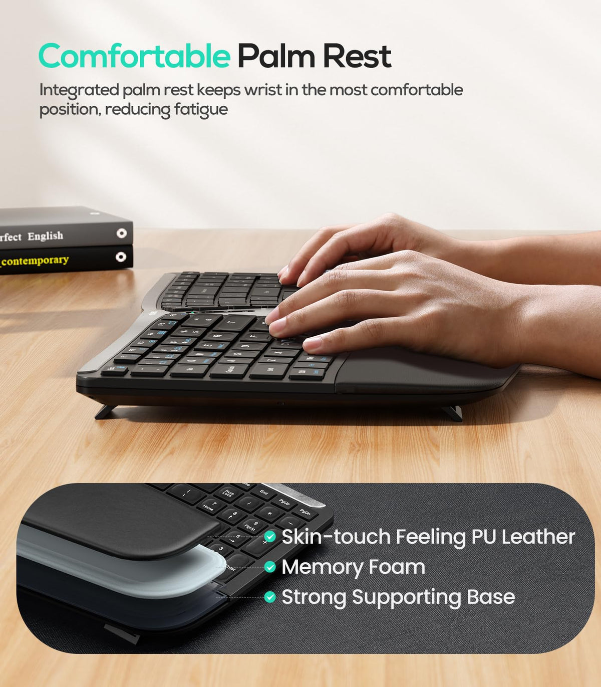 Nulea RT07B Wireless Ergonomic Split Keyboard, Wrist Rest, Natural Typing, Bluetooth and USB Connectivity, USB-C Rechargeable,Compatible with Windows Mac (Silver Black)