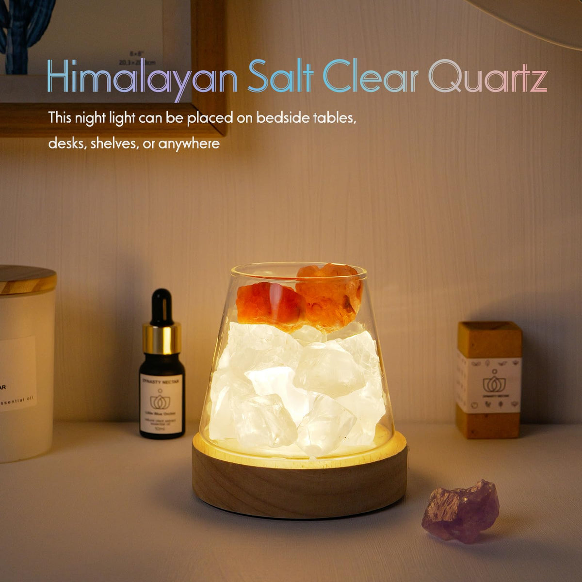 Runyangshi Himalayan Salt Crystal Night Lamp Diffuser Stones Natural Clear Quartz Crystal and Haling Gemstones with Remote Control - USB Port, 7 Colours, Dimming Mode for Bedroom & Home Decor