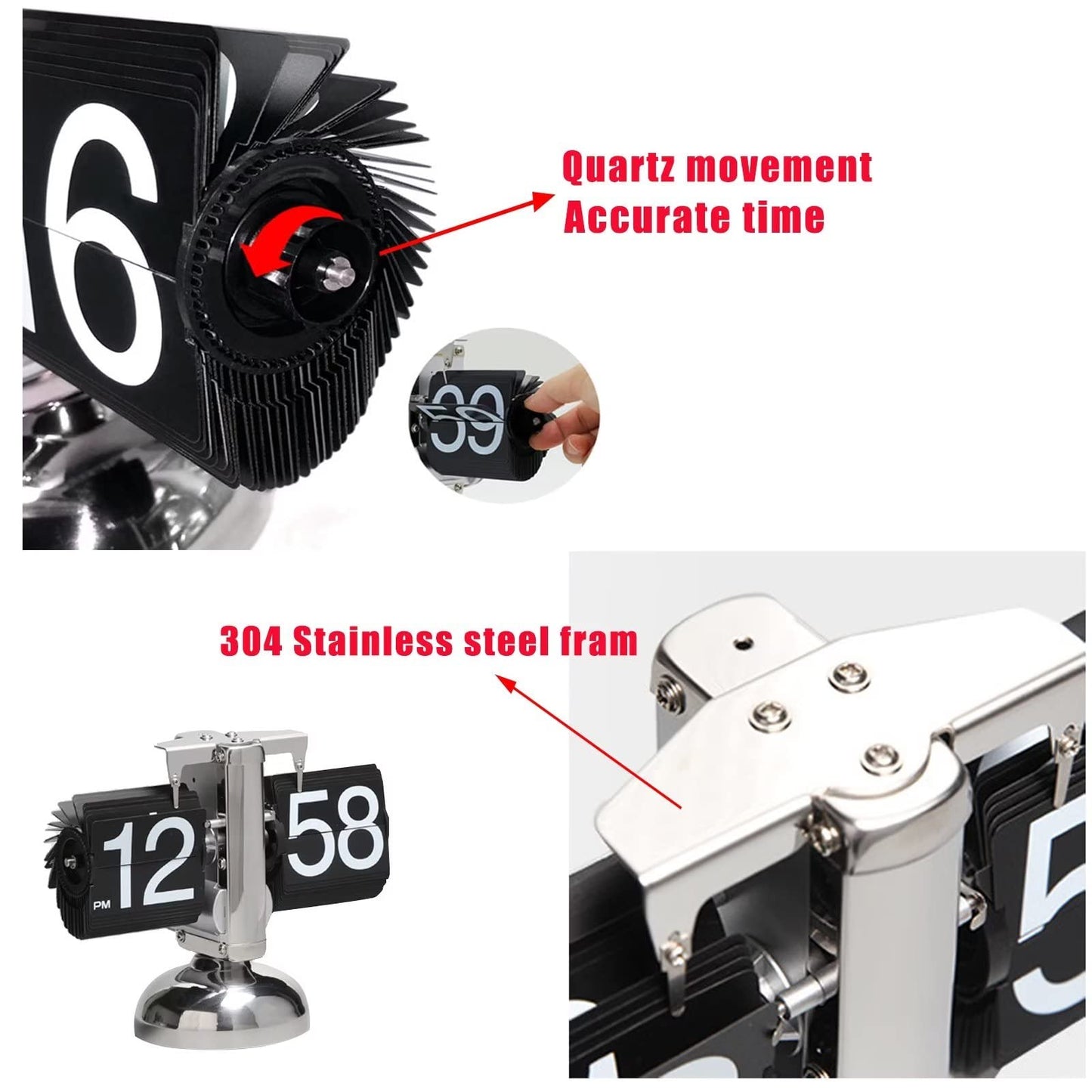 KENJIEY Flip Clock,Retro Flip Clock Mechanical Digital Desk Clocks Auto Internal Gear Operated Flipping Down Clocks Numbers Battery Powered for Home Office Décor White