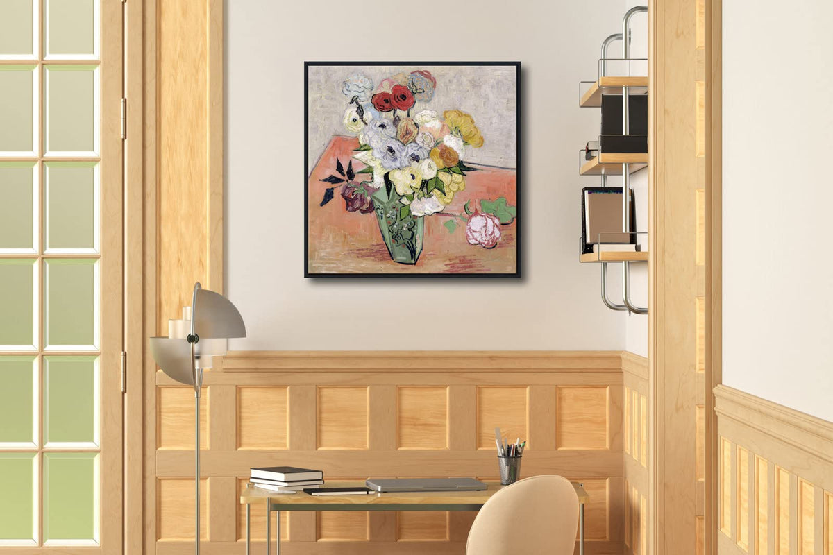 Wieco Art Framed Wall Art Japanese Vase with Roses and Anemones by Vincent Van Gogh Oil Paintings Reproduction Artwork Flowers on Canvas Wall Art for Home and office Decorations