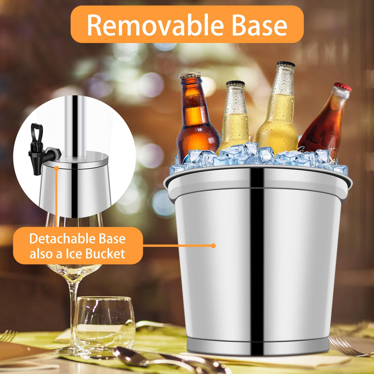 FULIYE Beverage Dispenser with Stand, Drink Dispensers for Parties, Beverage Dispenser with Ice Container, 2.2 Gallon/8L, Clear Acrylic Stainless Steel Lemonade Dispenser for Buffet, Café, Bar
