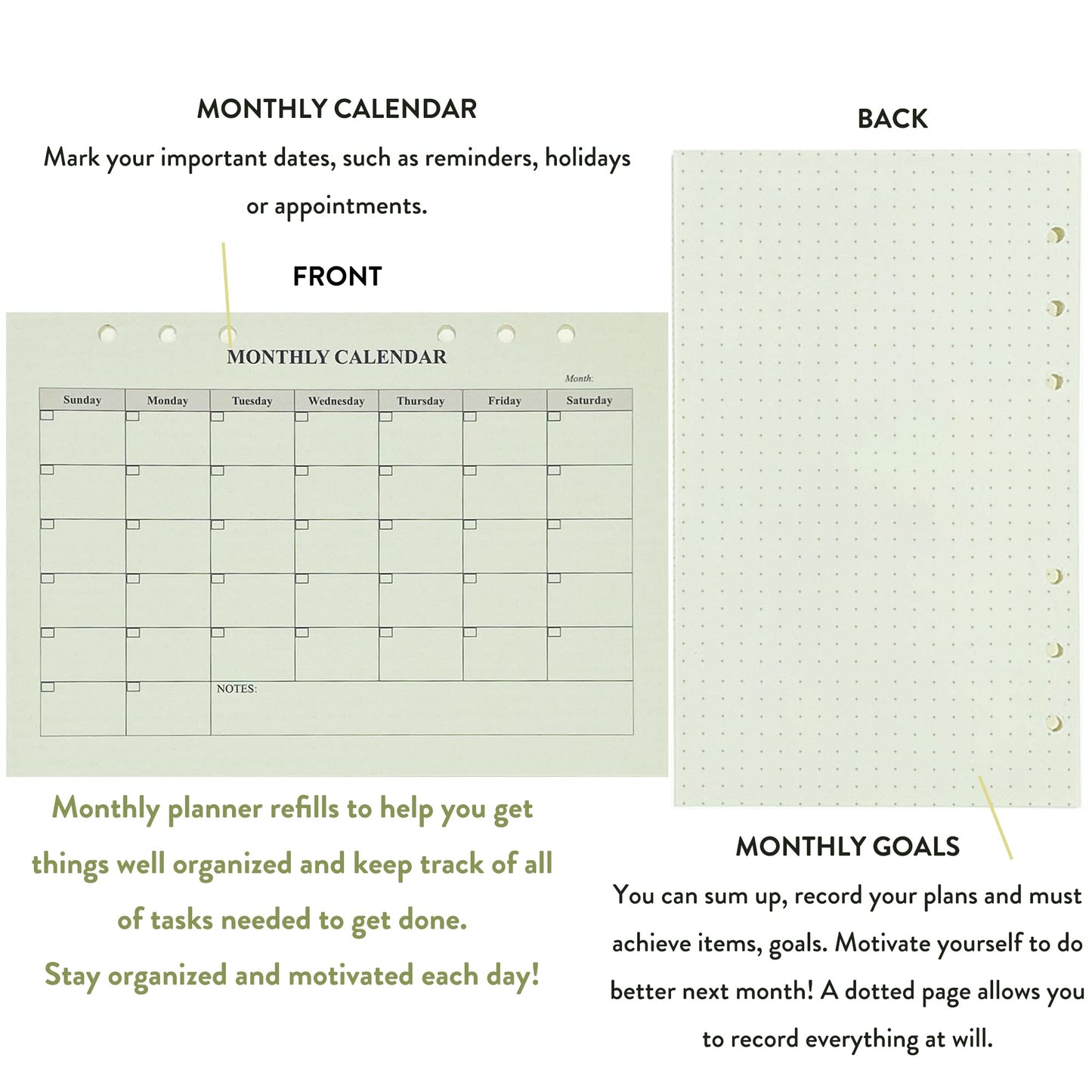 Metrubyone 90+54+14 A5 Refill Paper with Undated Monthly Weekly Calendar Planner Inserts, 6 Ring Loose Leaf Lined Filler Paper Refillable for Binder Planner Journal Agenda Notebook