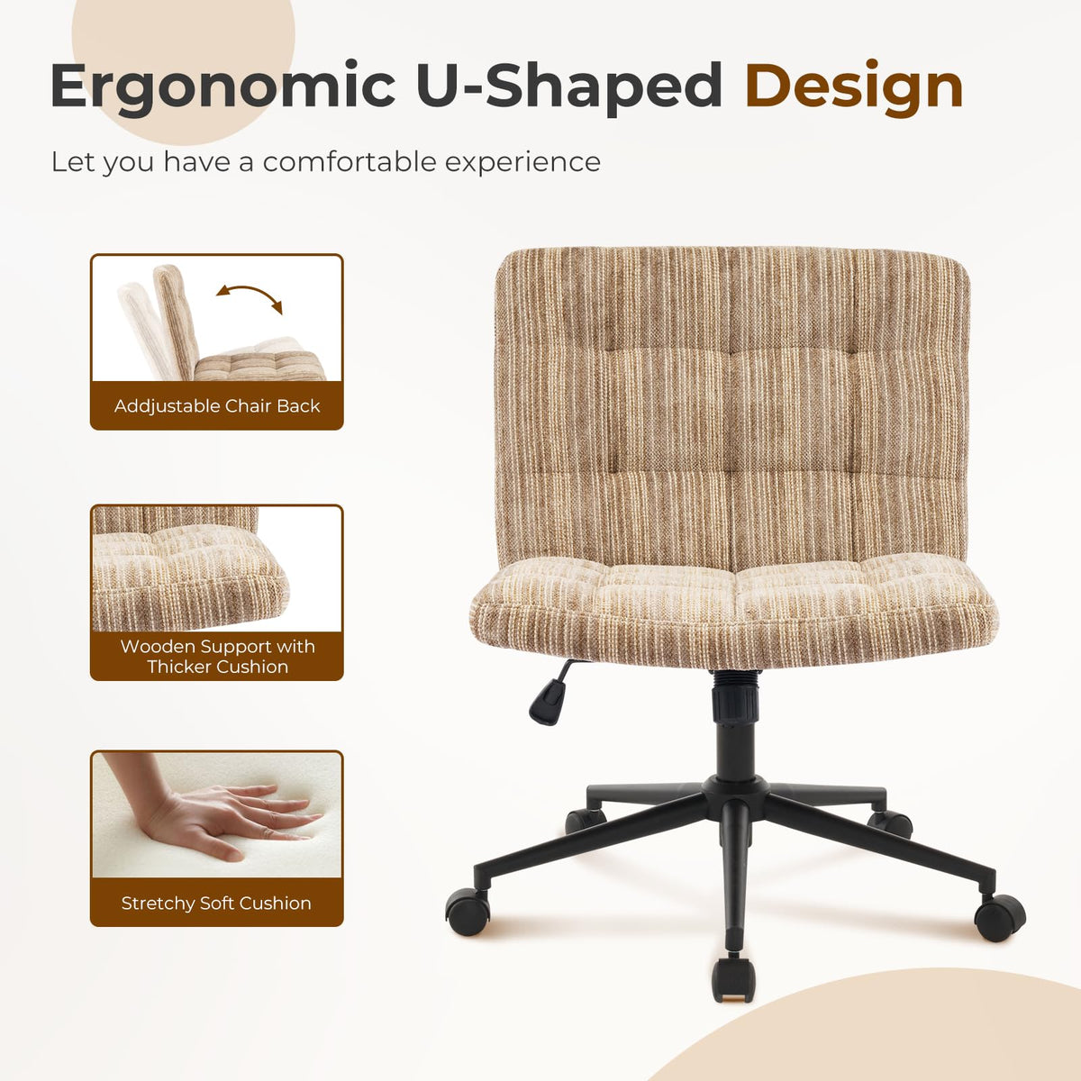 Furnimart 360° Swivel Criss Cross Desk Chair Extra-Thick Cushion, Premium Chenille Cross Legged Chair with Wide Seat & Wheels, Comfy Armless Home Office Chair for Bedroom, Vanity, Sturdy (Light Brown)