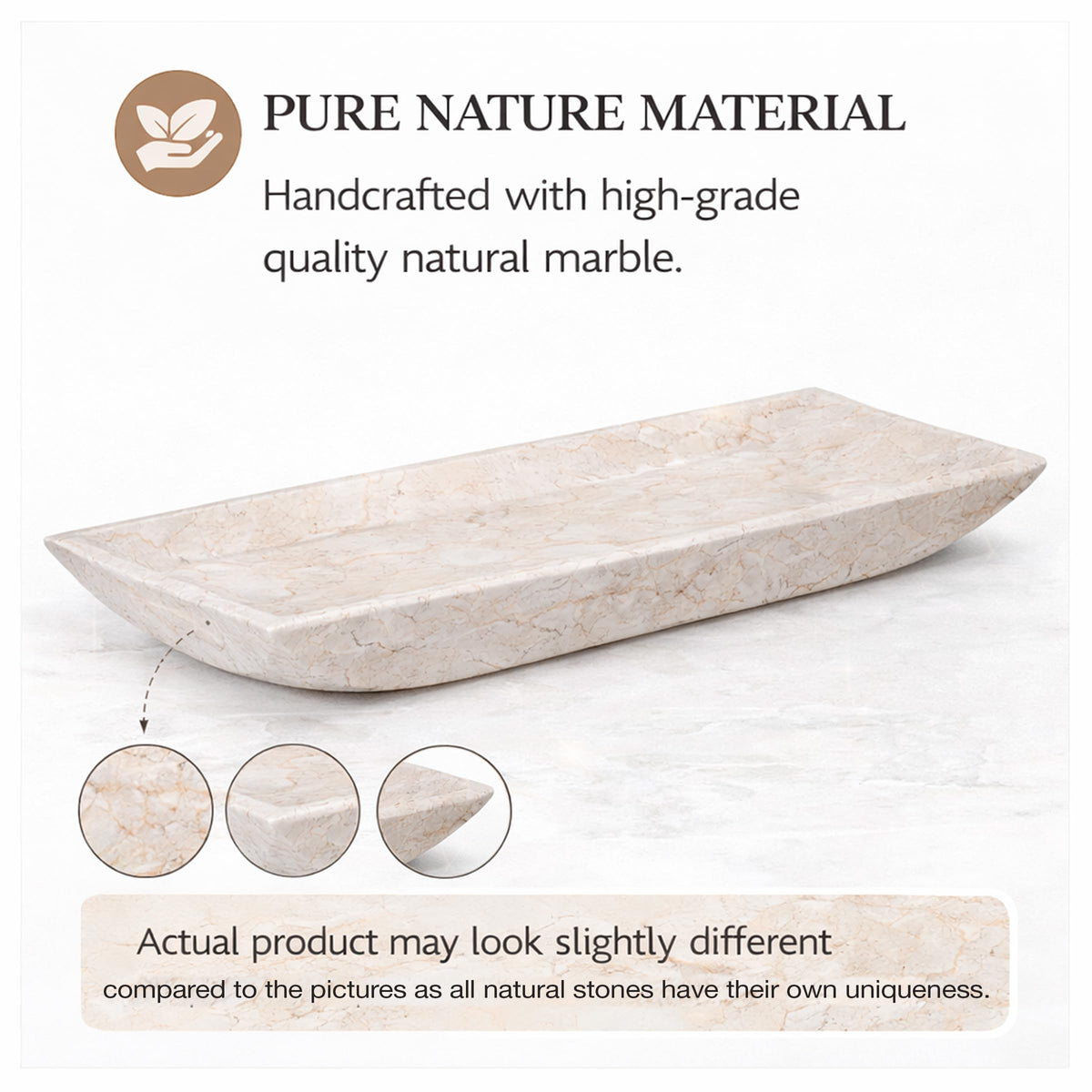 Creative Home Natural Champagne Marble Rectangular Vanity Tray Towel Tray Boat Shaped Tray Bathroom Accessories Organizer for Bathroom Countertop, Kitchen Sink, Jewelry, 16.5" x 6.3" x 1.5" H, Beige