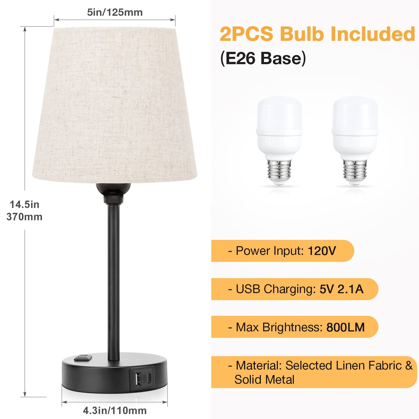 Mini Bedside Lamps for Bedrooms Set of 2 - Nightstand Bedroom Lamps with USB C Port and AC Outlet Charging, Dimmable Touch Small Bed Side Table Lamp, Black Night Stand Light for Kids/Guest Room