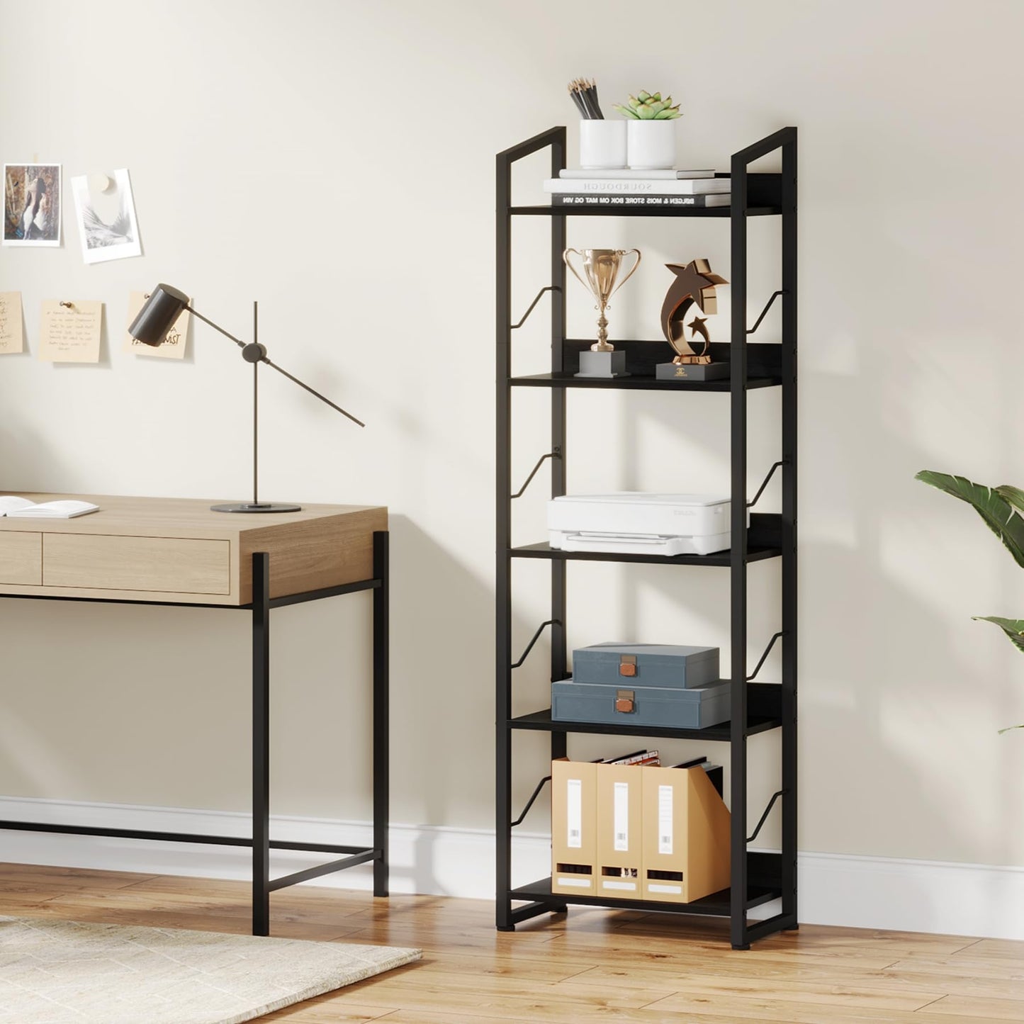 Hosfais 5 Tier Tall Bookshelf: Industrial Wood Book Shelf with Edge Protection Metal Narrow Bookshelf Bookcase Storage Organizer Display Rack for Living Room Home Office (Black)