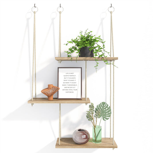Fixwal Hanging Plant Shelves for Wall, 3 Tier Boho Wall Decor Plant Rack Floating Shelves Rope Rustic Wood Organizer Storage Hanger for Aesthetic Home Bedroom Kitchen Bathroom- Rustic Brown