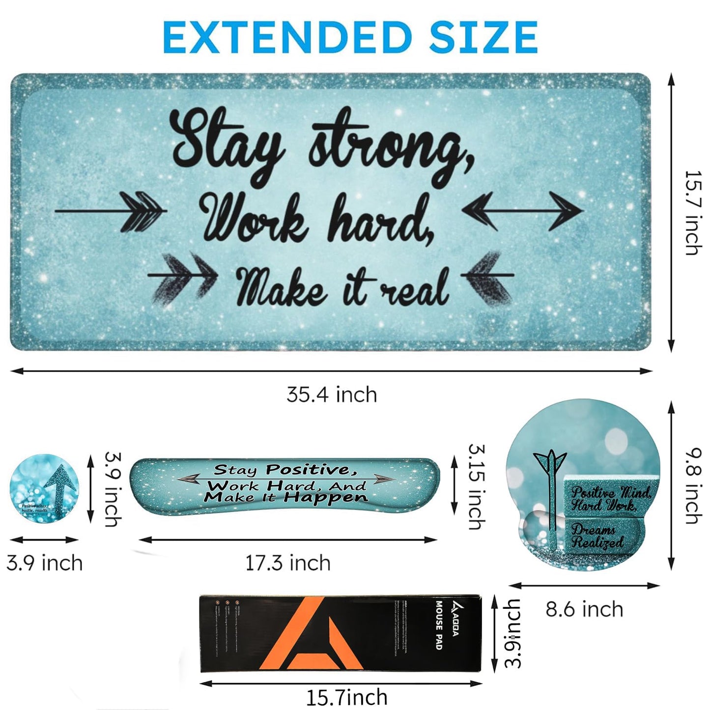 AQQA Desk Mat Desk Pad,5in1 XXL Mousepad + Keyboard Wrist Rest+Mouse Wrist Rest+Coaster Set with Ergonomic Desk Pad for Home Office Desk Accessories Decor Supplies,Stay Positive