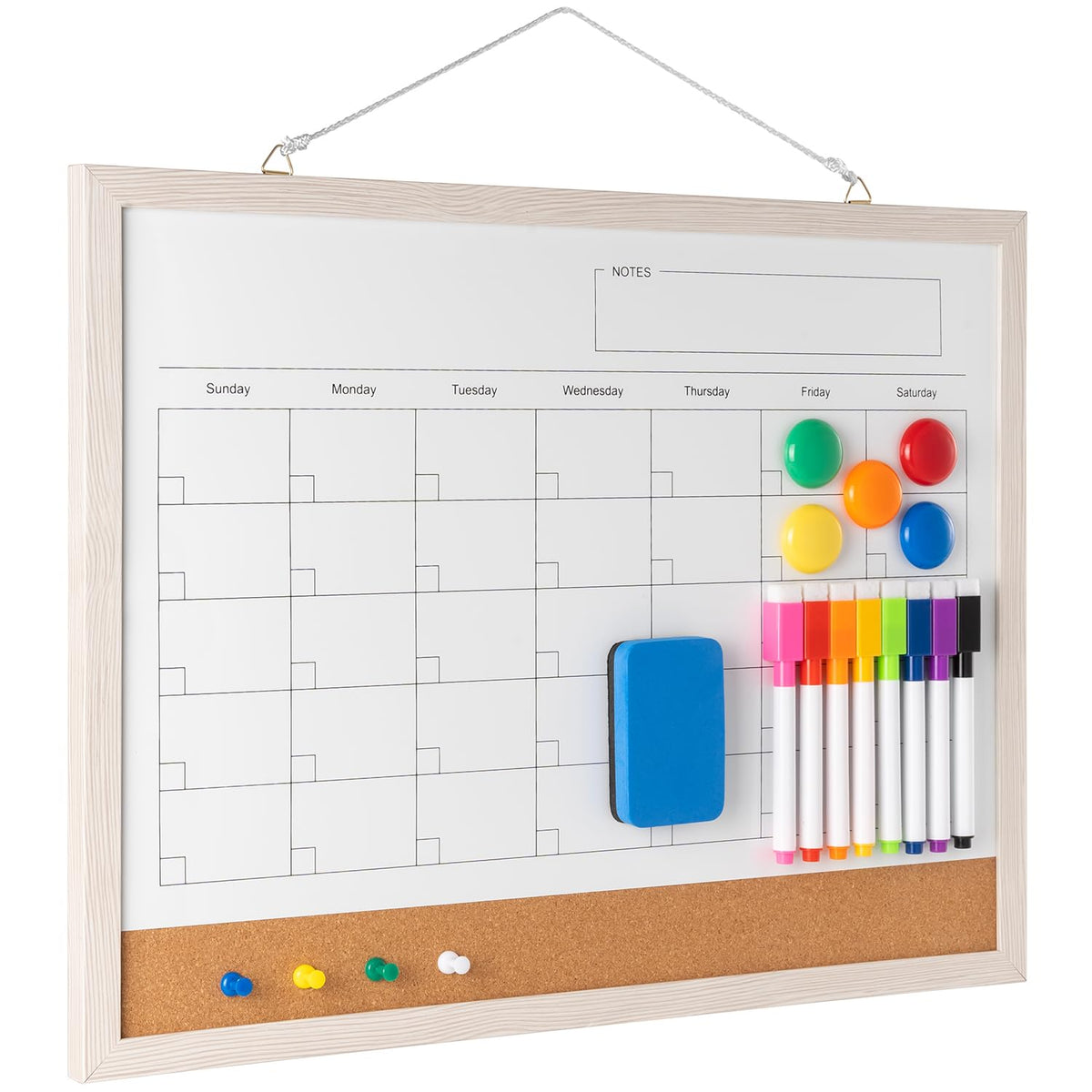Dry Erase Calendar Whiteboard, 17" x 13" Magnetic Whiteboard Cork Board Combo, Reusable Monthly Planner with 8 Markers, Eraser, Magnets and Pushpins, Hanging Dry Erase Board for Home, School - White