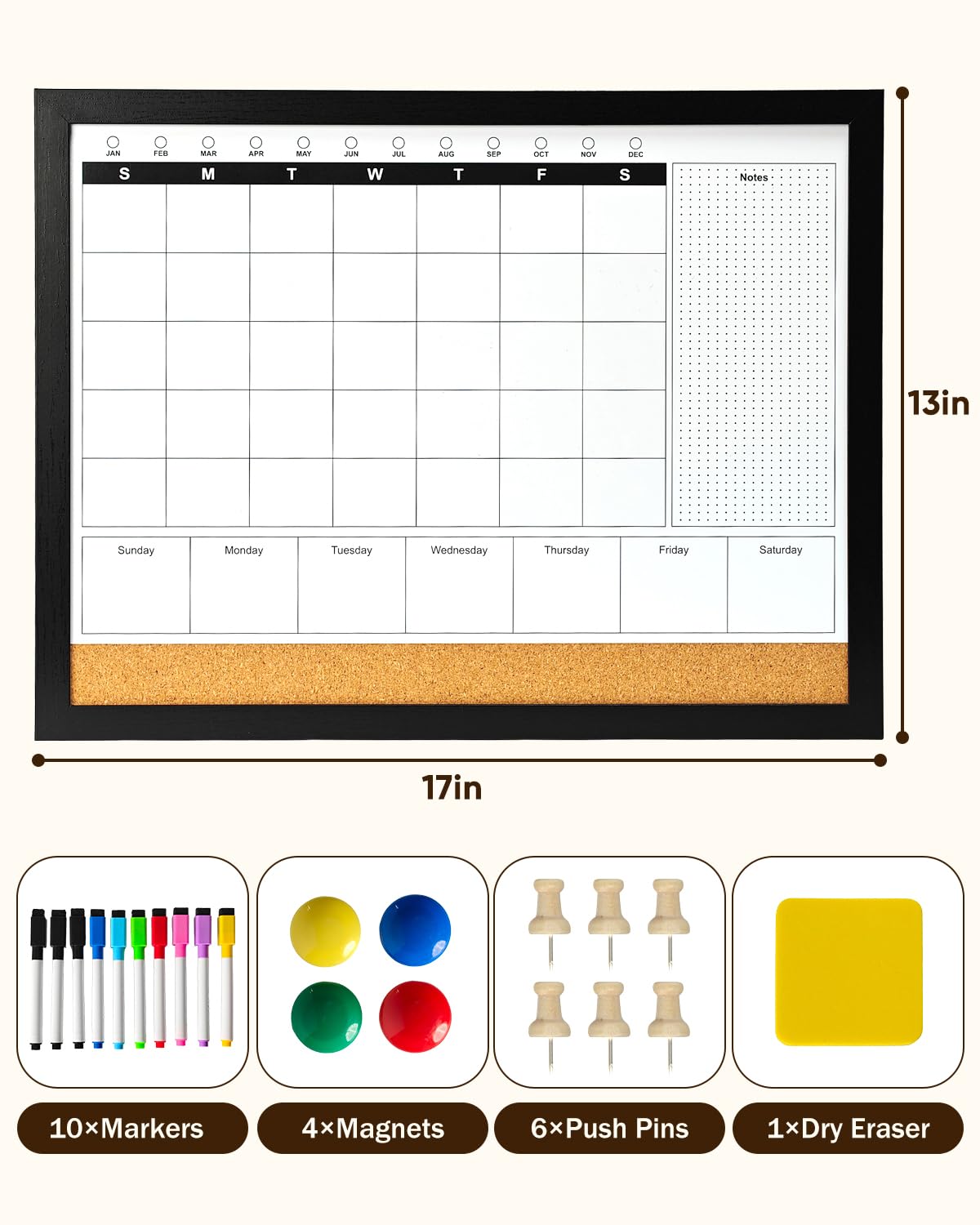 Dry Erase Calendar Whiteboard for Wall, 4-in-1 Magnetic Monthly Whiteboard with Wooden Framed, 17" x 13", Reusable Monthly Combination Planner Board for Home, Office, Classroom
