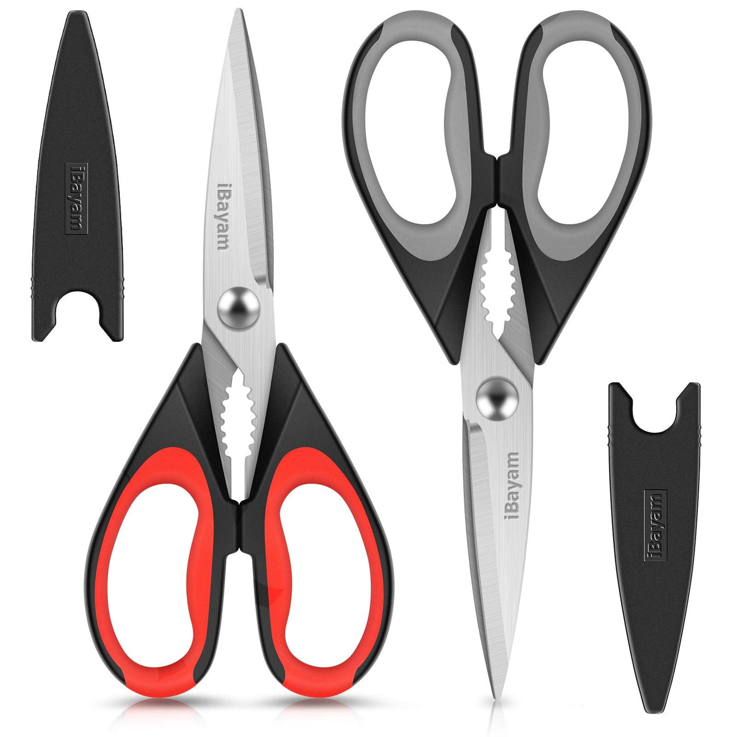 iBayam Kitchen Scissors All Purpose Heavy Duty 2 Pack with Protective Sheath, Stainless Steel Shears Kitchen Utensils Set for Cutting Food Cooking Meat Poultry Dishwasher Safe Soft Comfort-Grip