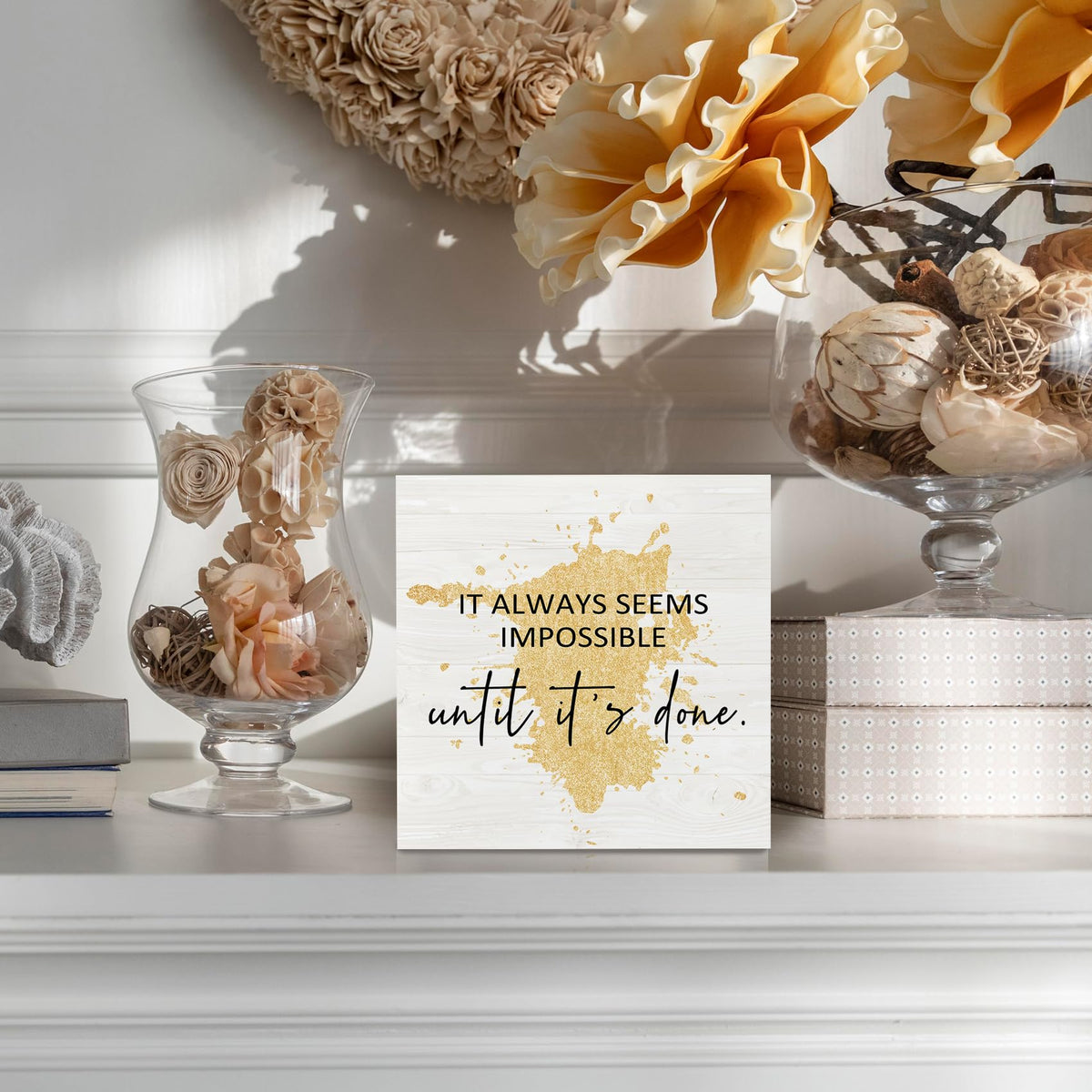 KFXHANGD Office Gold Wooden Box Sign Desk Inspiring Quotes It Always Seems Impossible Until It's Done Office Motivational Decorative Signs for Office, Inspirational Home Shelf Desk Decor 5x5 Inch