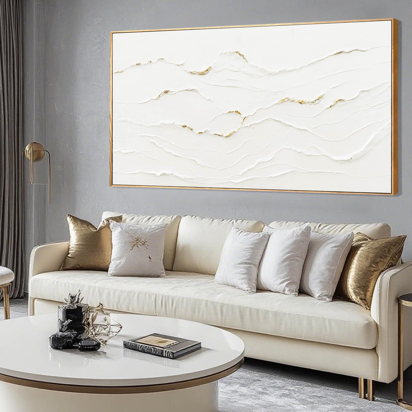 WINKAILIN Minimalist White and Gold Line Artwork with Frame Hand Painted Abstract Canvas Wave Wall Art for Bedroom Living Room Office 24"x48"