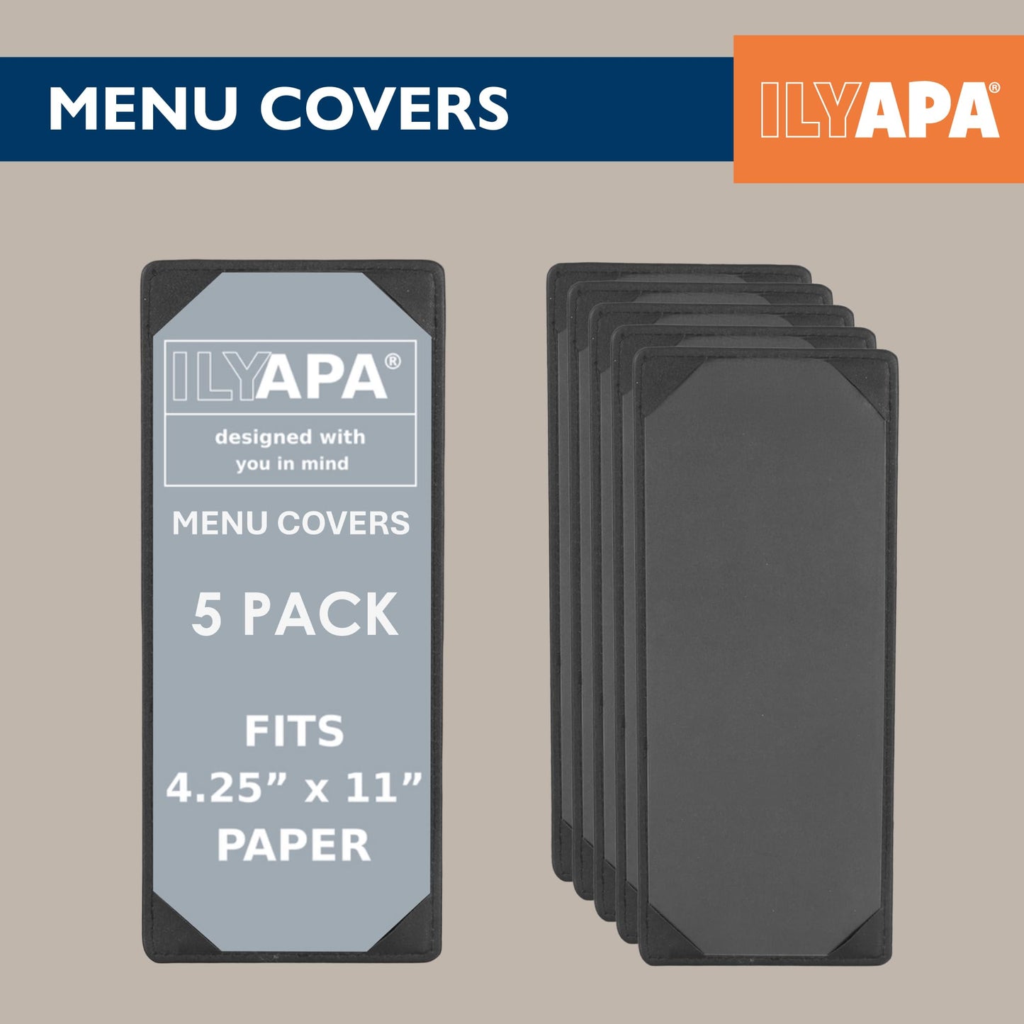 Ilyapa 5 Pack Restaurant Menu Covers 4.25 x 11 - Vinyl Leather Menu Holder, Single Sided Book with Corner Sleeves for Display of Wedding Menus, Weekly Kitchen Specials & Bar Drinks for Table Top