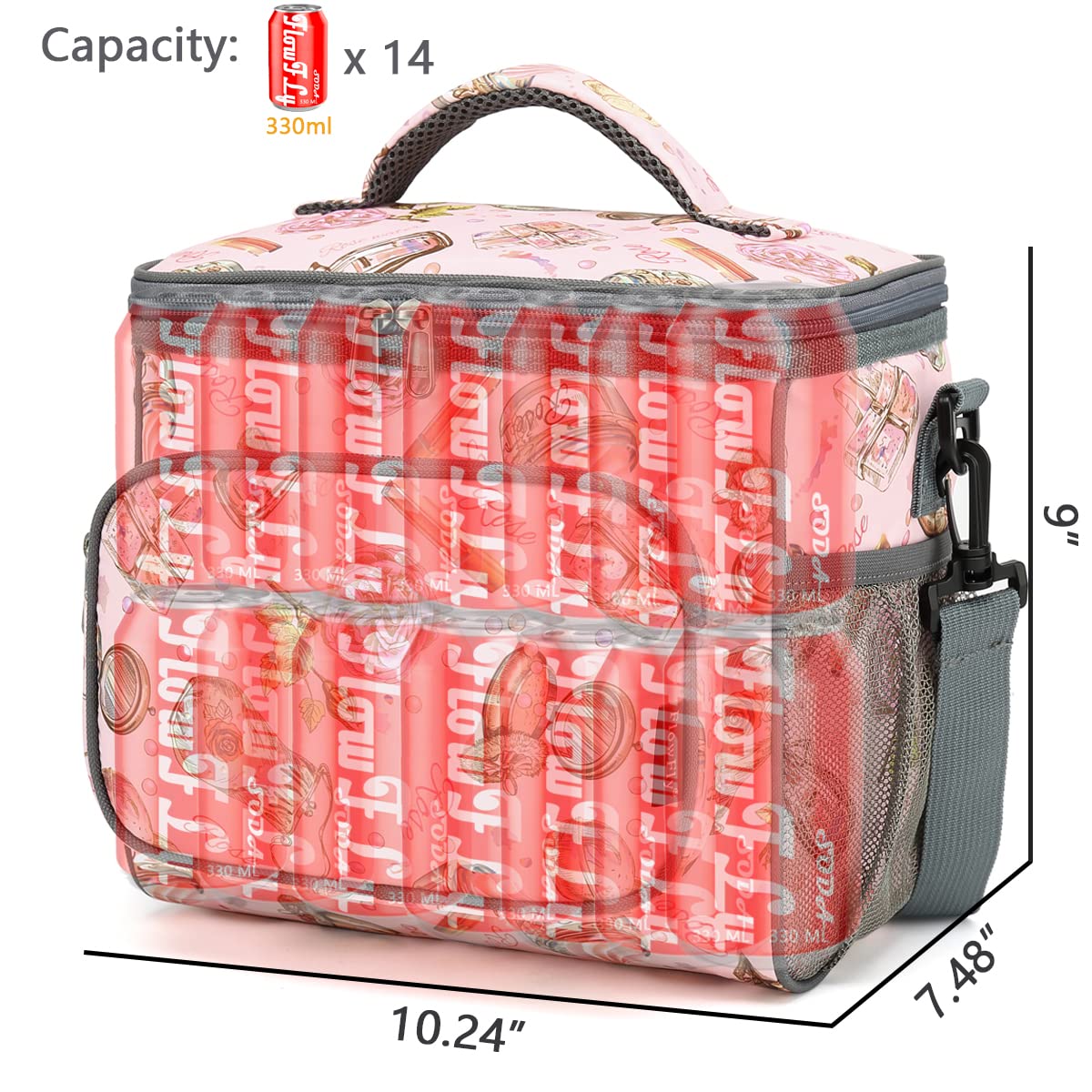 FlowFly Insulated Reusable Lunch Bag Adult Large Lunch Box for Women and Men with Adjustable Shoulder Strap,Front Zipper Pocket and Dual Large Mesh Side Pockets,Rose