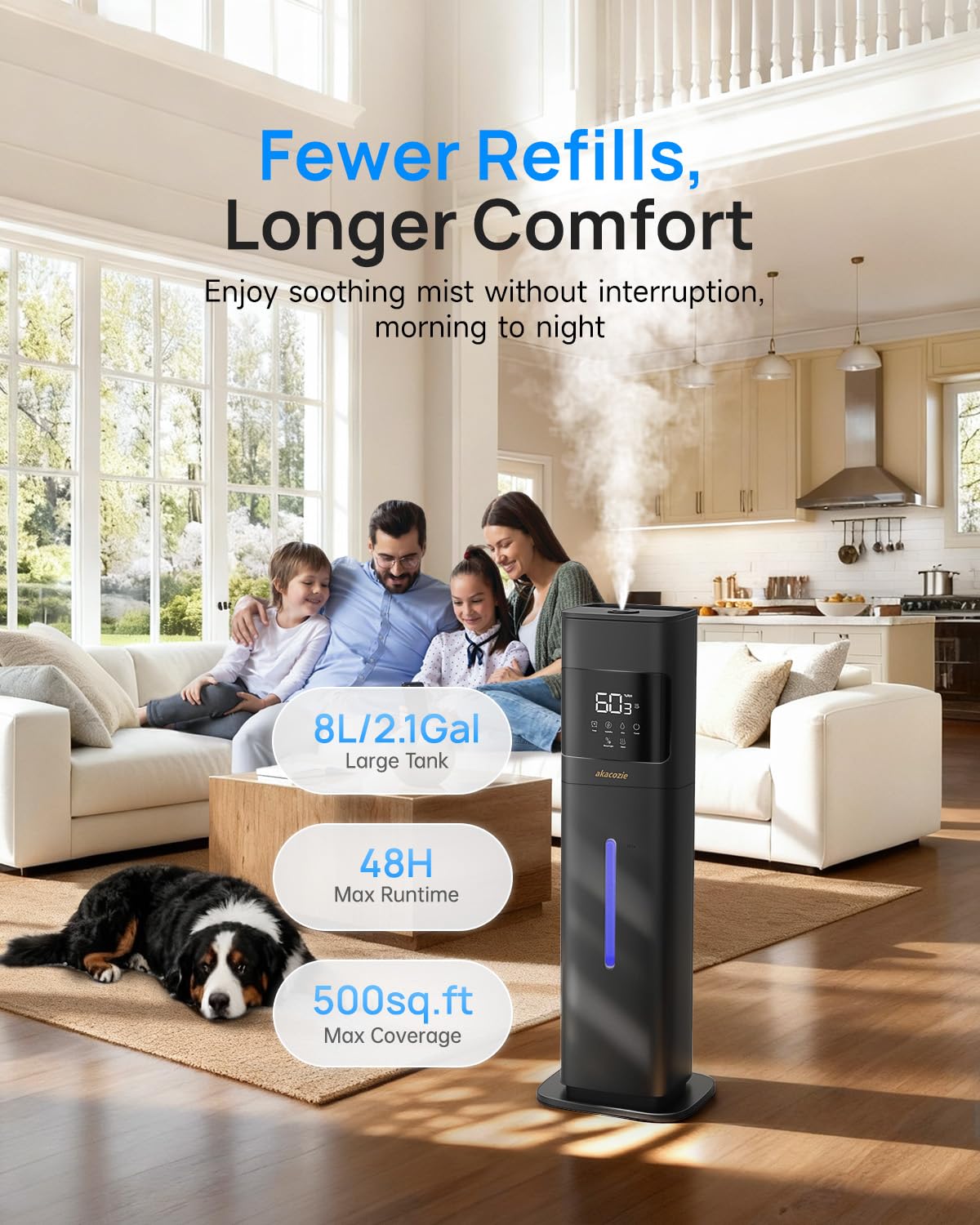 Akacozie Warm & Cool Mist Humidifiers for Bedroom 500 sq ft, 2.1Gal/8L Humidifier Large Room with Essential Oil Diffuser, Top-Fill Large Room Humidifiers for Home Baby Nursery Plants Office