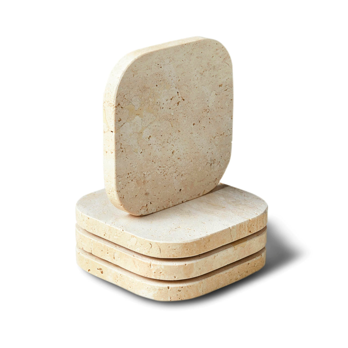 PHINILUX Luxury Turkish Travertine Coasters - Set of 4 - Square Marble Bar Coasters for Drinks, Coffee - Stone Holder for Home Décor, Housewarming Gifts (Beige Travertine)