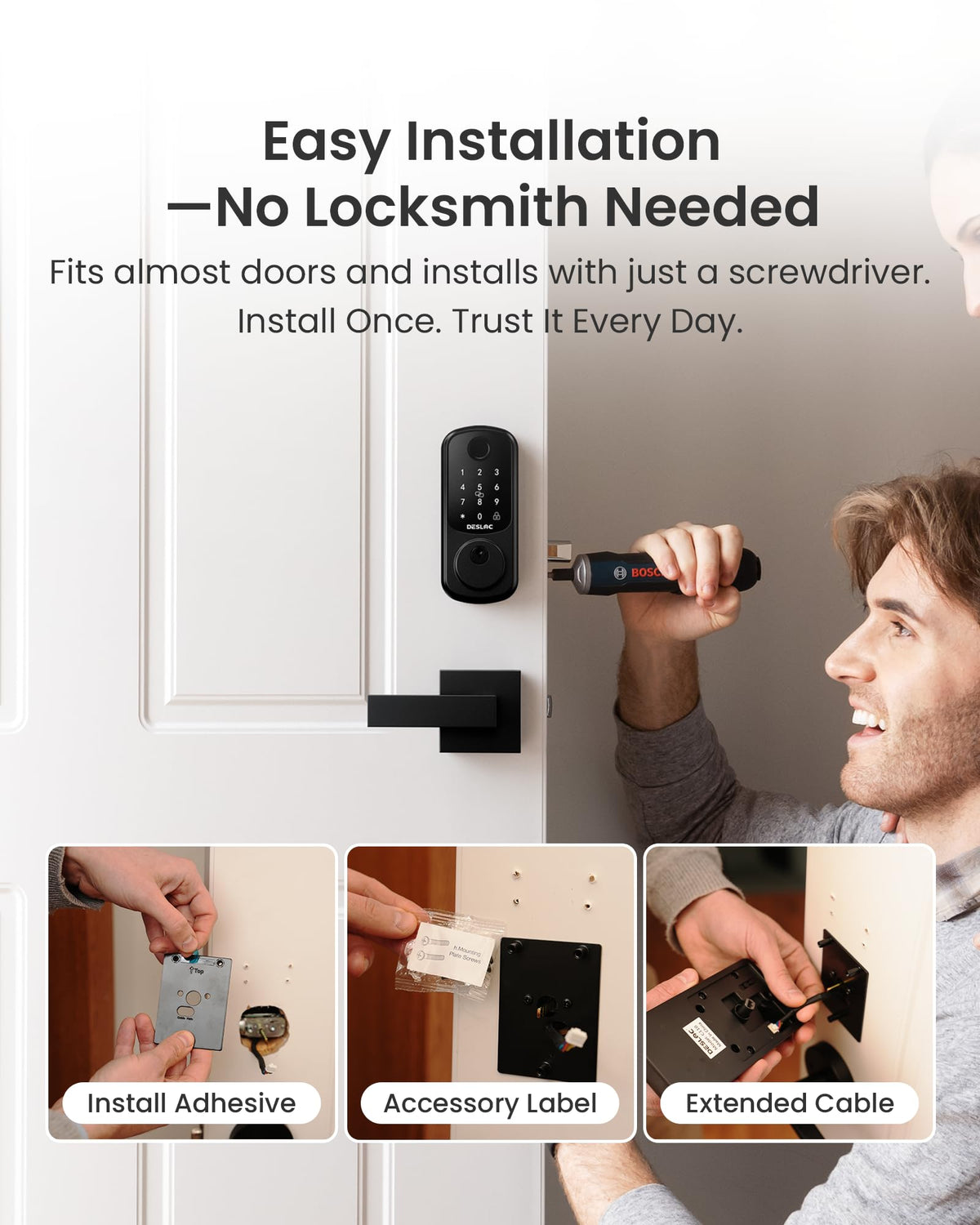 DESLOC B200 Fingerprint Smart Lock with 2 Lever Handles, Keyless Entry Front Door Lock Set, Electronic Keypad Deadbolt, App Control, Auto Lock, Long Battery Life, Secure Home Access
