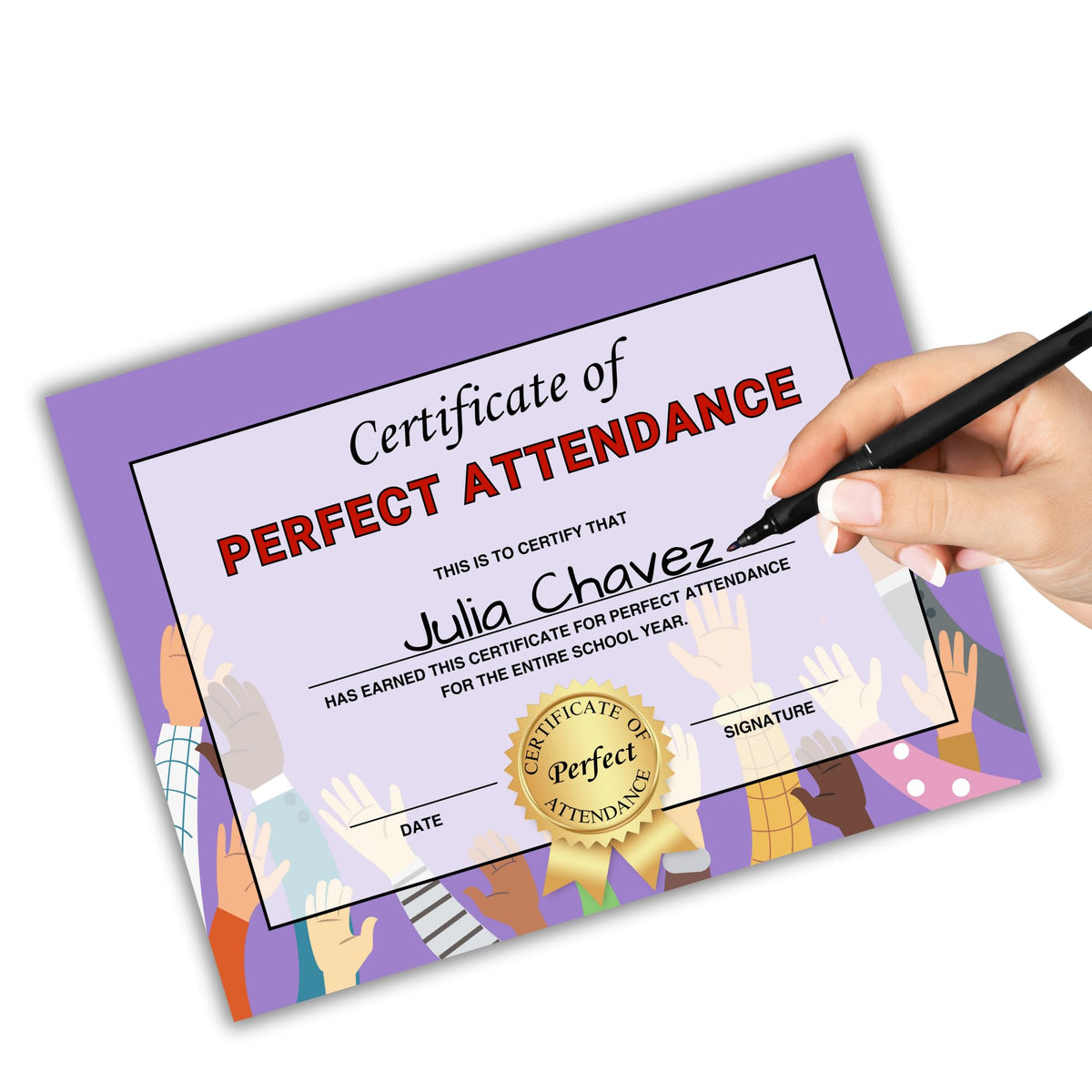Perfect Attendance Certificate Award | 50 pk 8.5x11” Best Goal Participation Graduation Diploma Elementary Middle School Paper Superlatives