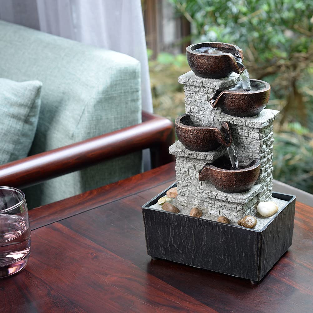 Kalona 4-Tier Indoor Waterfall Tabletop Fountain with LED Lights and Natural Rocks, Cascading Bowl Desk Fountain for Home and Office Decoration, Relaxing Water Feature (21132B)