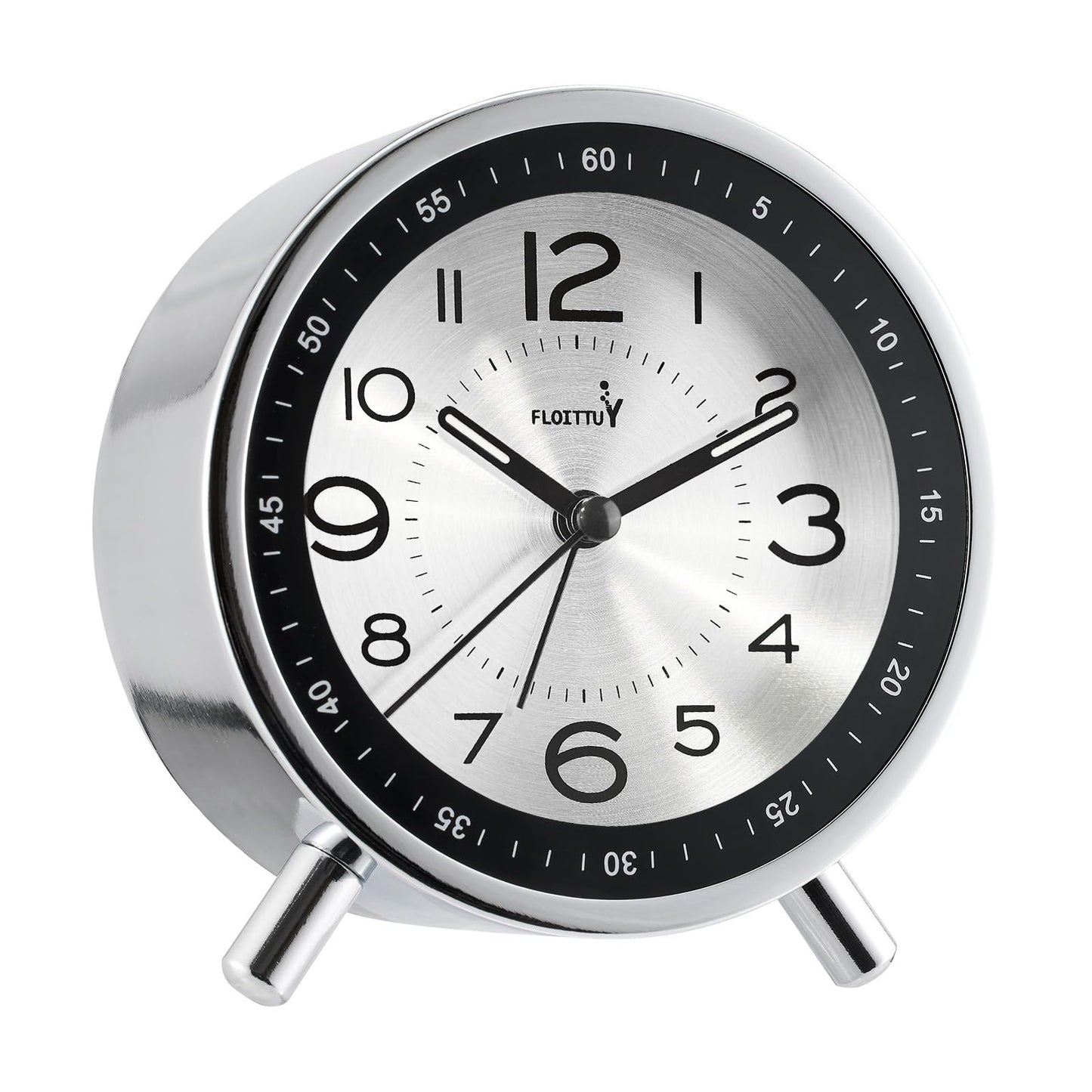 FLOITTUY Super Silent Metal Alarm Clock,Beep Wake Round Alarm Clock with Strip Night Light,Battery Operated,Easy Set,Simple & Retro for Desk, Bedroom and Home Decoration(Metallic Silver)