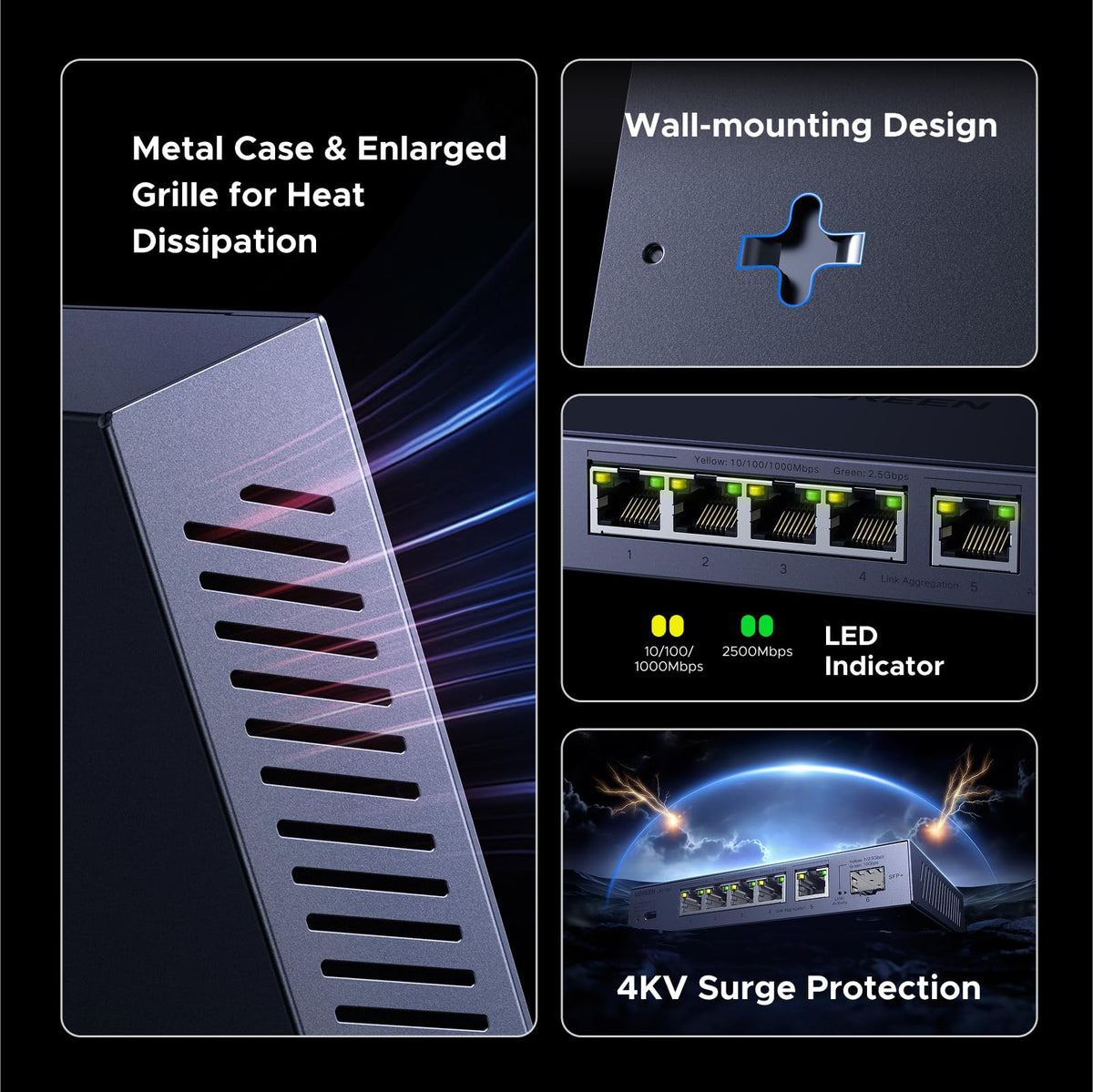 UGREEN 2.5Gb Switch, 6-Port Ethernet Switch, 5 x 2.5Gb + 1 x 10Gb SFP+, Standard/Link Aggregation to 5Gbps/VLAN 3 Modes, Plug & Play Metal Unmanaged Ethernet Splitter, Desktop/Wall Mount, for NAS, PC