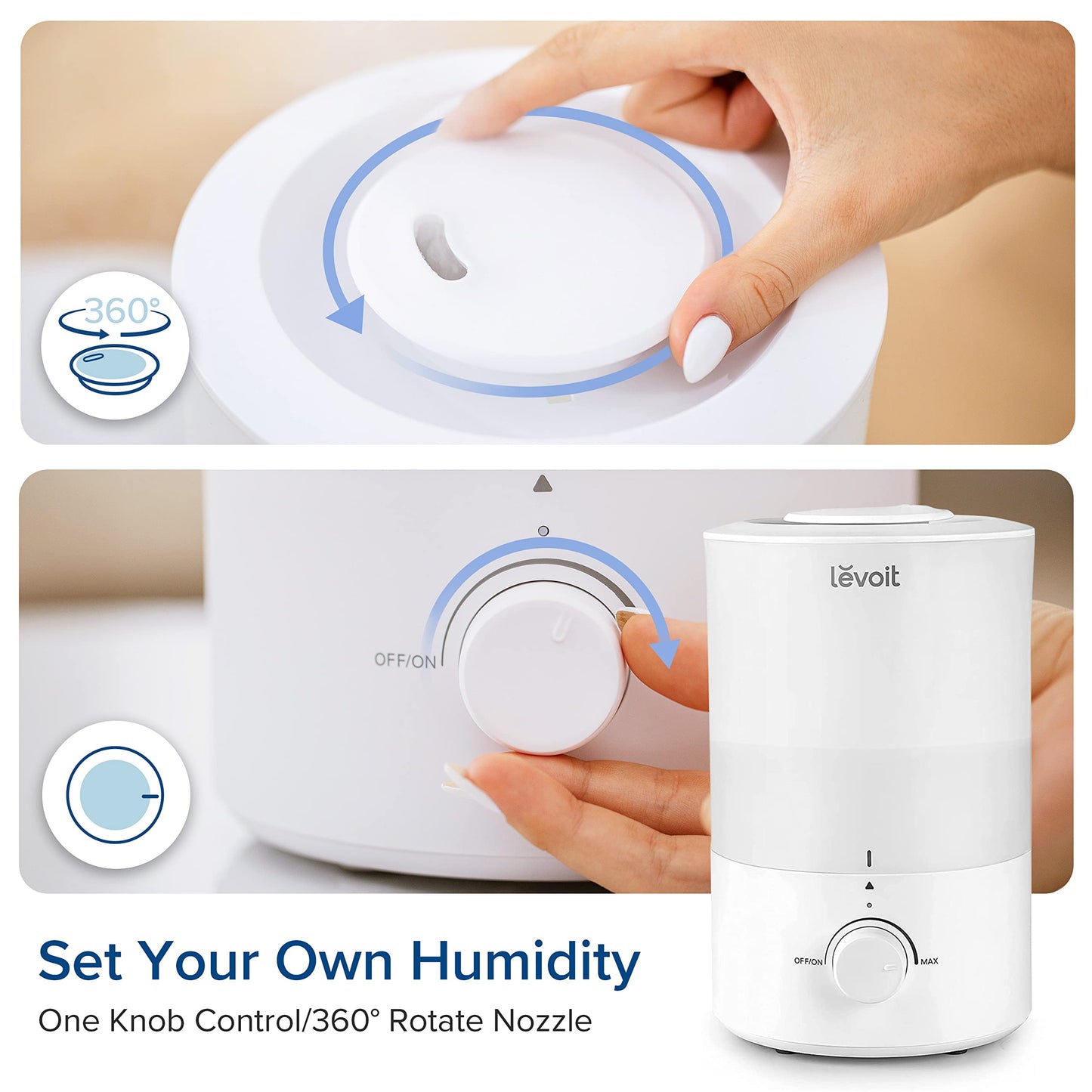 LEVOIT - Humidifiers for Bedroom - Quiet (3L Water Tank) - Cool Mist/Top Fill/Essential Oil Diffuser/25Watt - Home/Large Room - 360° Nozzle - Rapid Ultrasonic Humidification for Baby Nursery/Plant