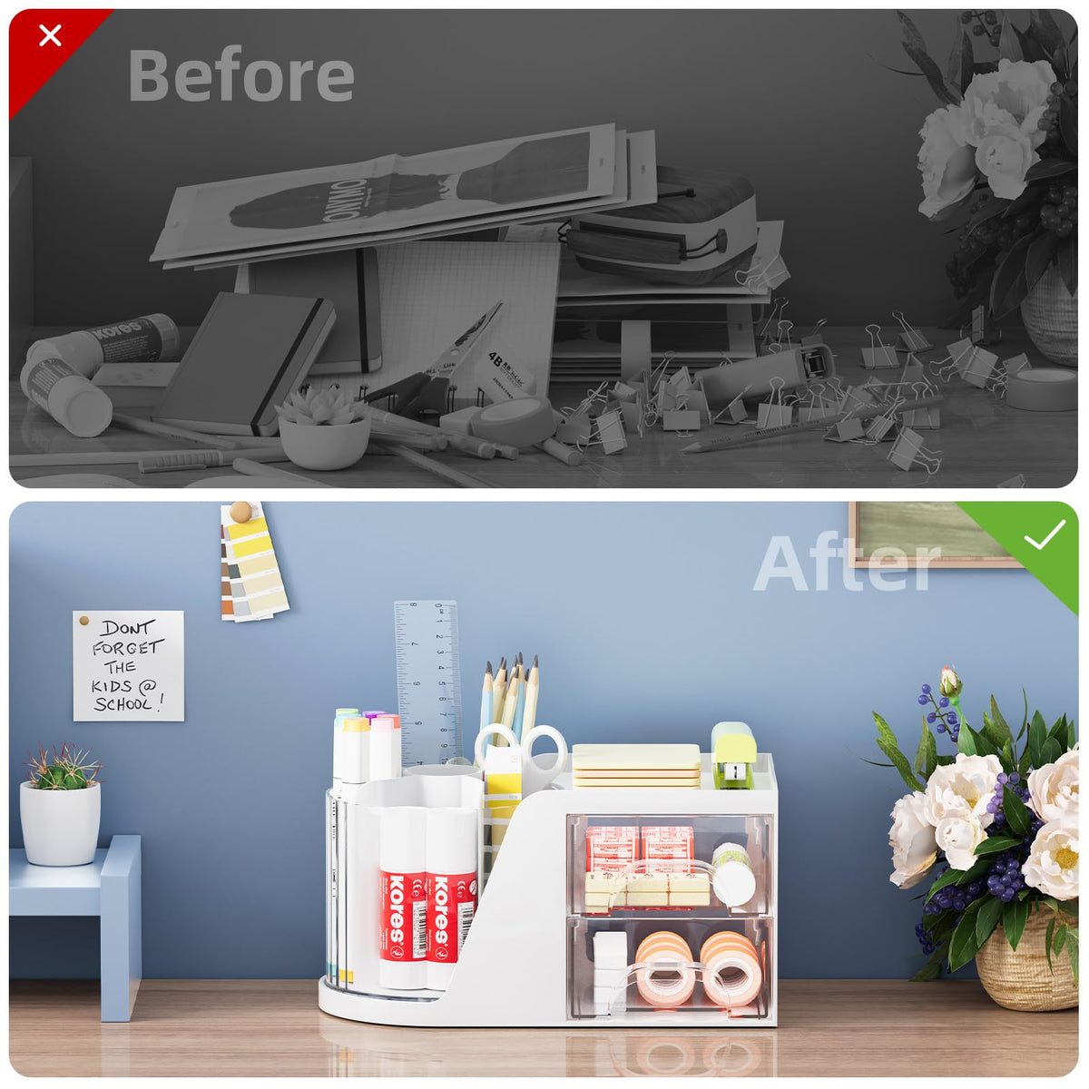 Marbrasse Desk Organizer with 2 Drawer, 360°Rotating Pen Holder, Desk Organizers and Accessories with 6 Slots Pencil Organizer + 2 Drawer, Art Supply Storage Box Caddy for Office (White)