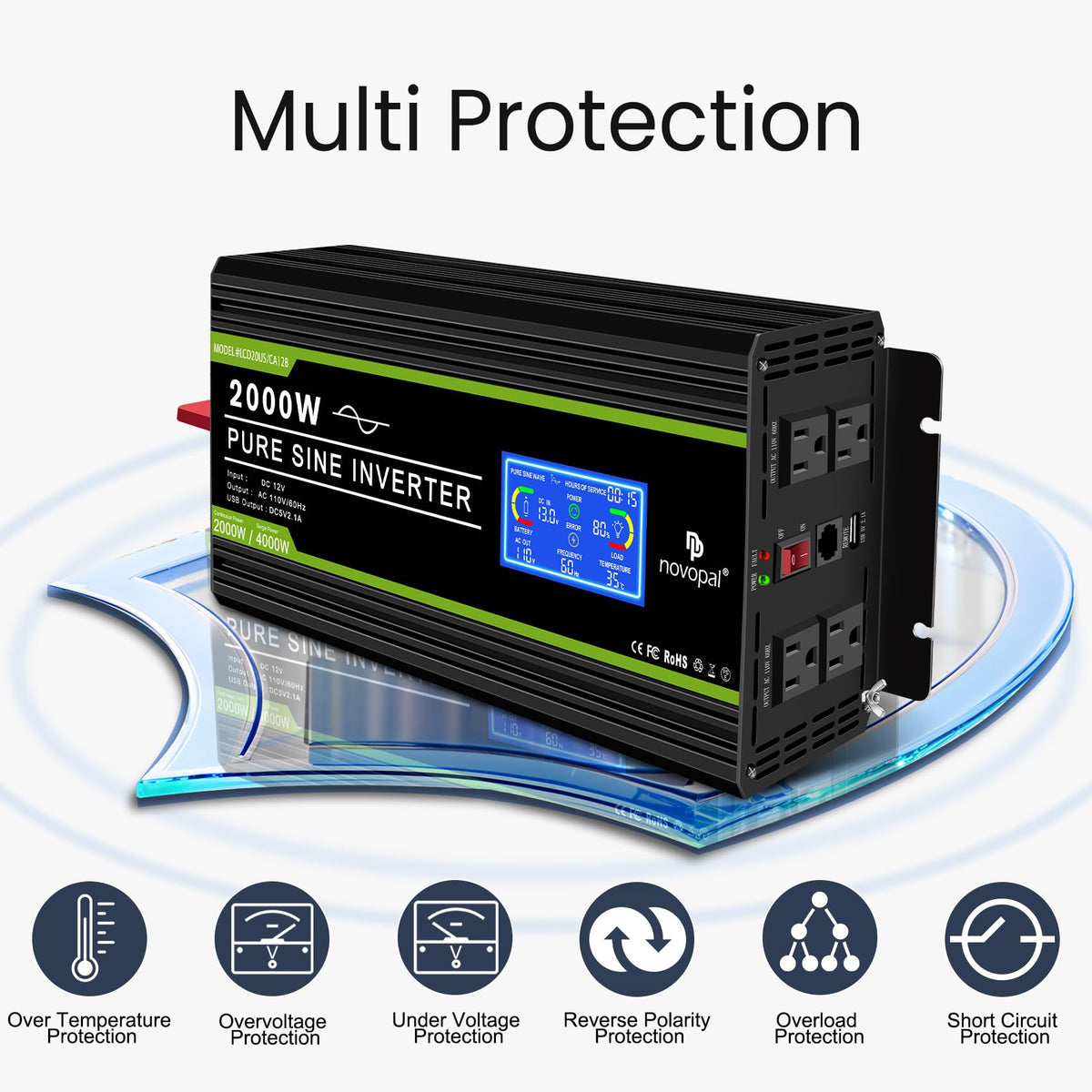 NOVOPAL 2000 Watt Pure Sine Wave Power Inverter DC 12V to AC 110V 120V Rv Inverters with 1 USB Port-16 feet Remote Control, LCD Display for Truck, Hurricane, Home