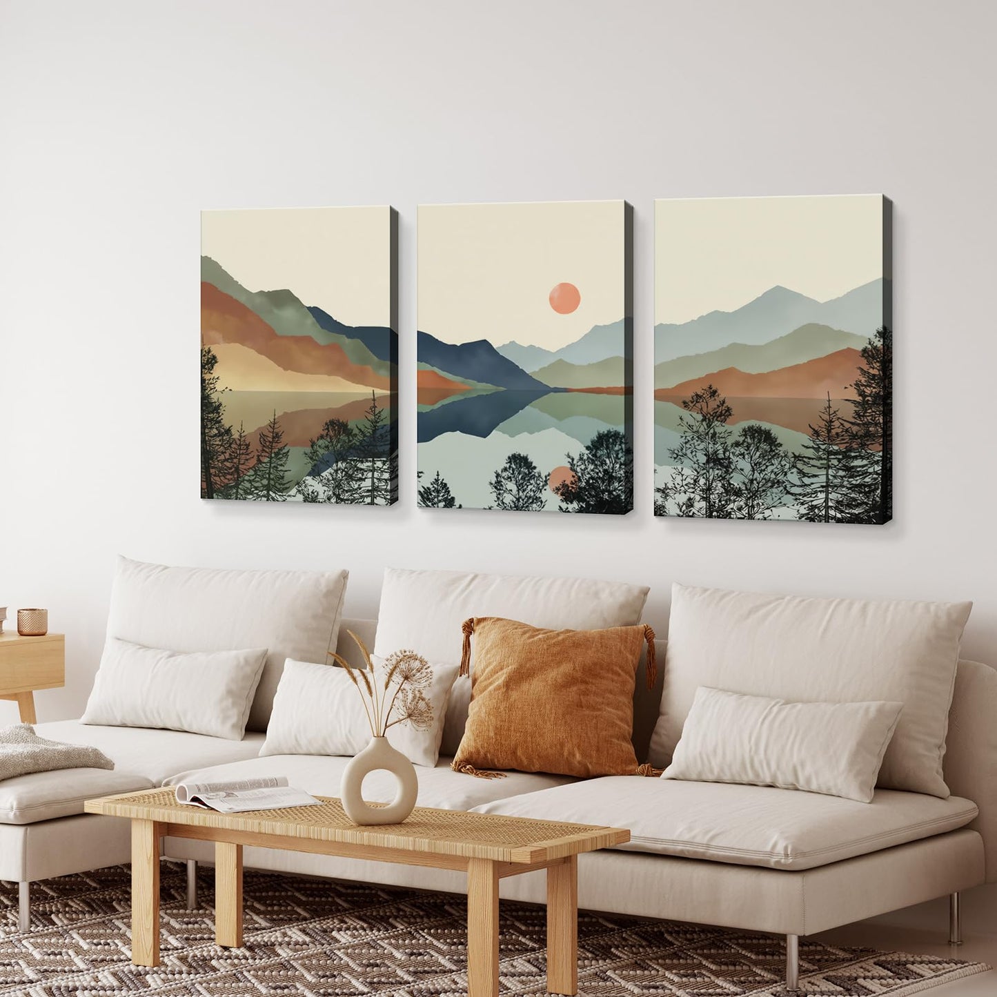 Framed Boho Mountain Landscape Wall Art Set of 3-Canvas Prints, with Sunset and Lake Pictures posters Modern Minimalist painting Living Room, Bedroom, Office Ready to Hang 16x24Inch