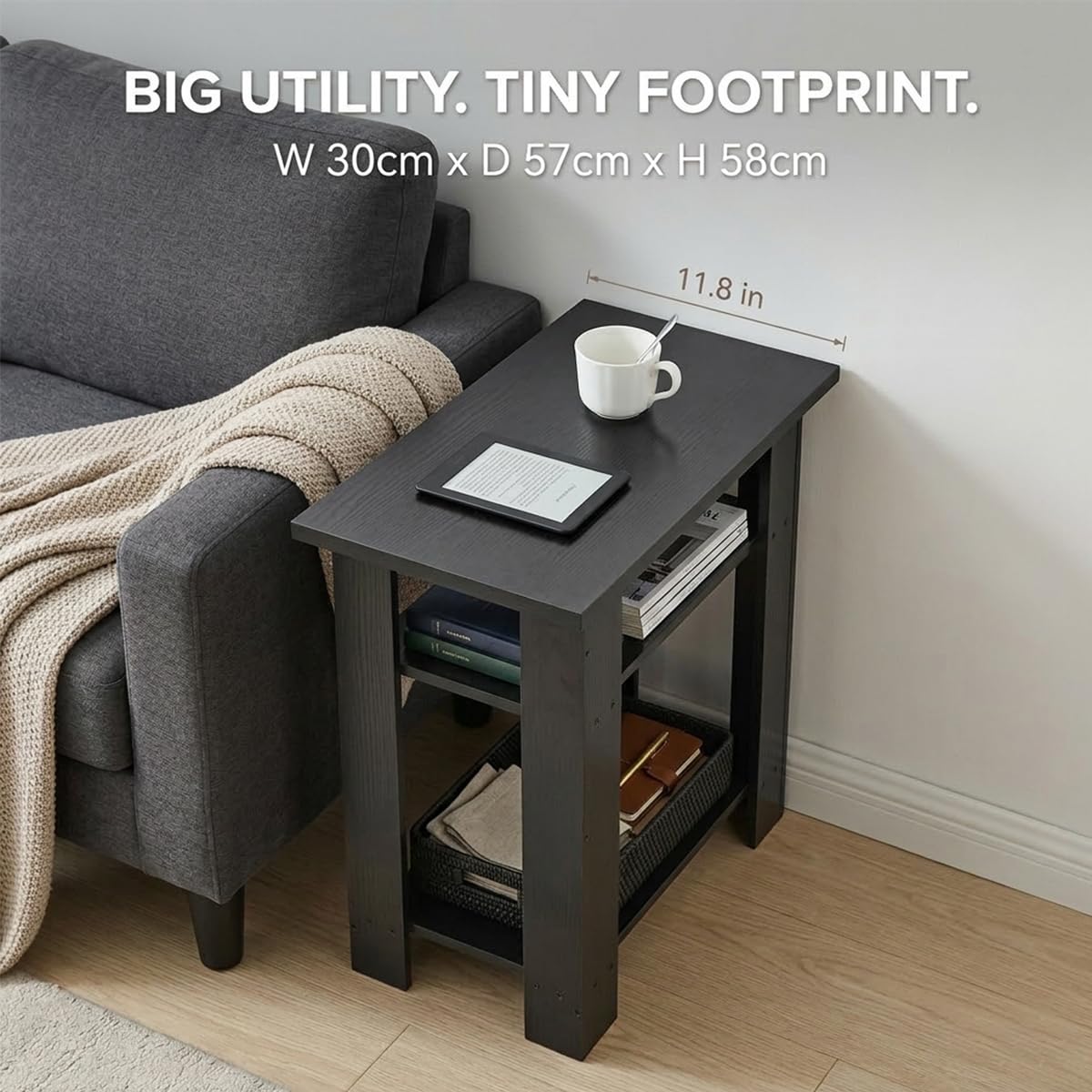 ZEXVIDA Black Side Table, 3 Tier Narrow End Table for Living Room, Modern Wood Nightstand with Storage Shelves, Small Bedside Table for Bedroom, Home Office, Small Spaces, 22.8 Inch High