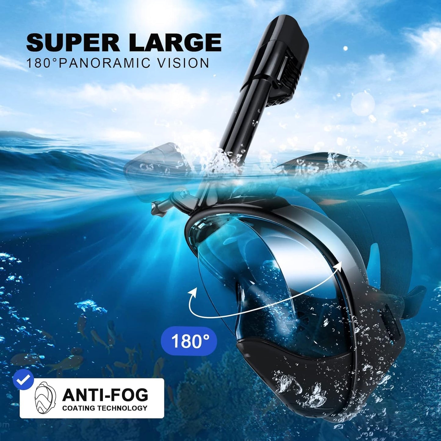 Odoland Snorkeling Packages, Full Face Snorkel Mask for Adults & Youth with Camera Mount, Adjustable Swim Fins, Anti-Fog Anti-Leak Diving Gear for Men Women Teens, Black, L/XL
