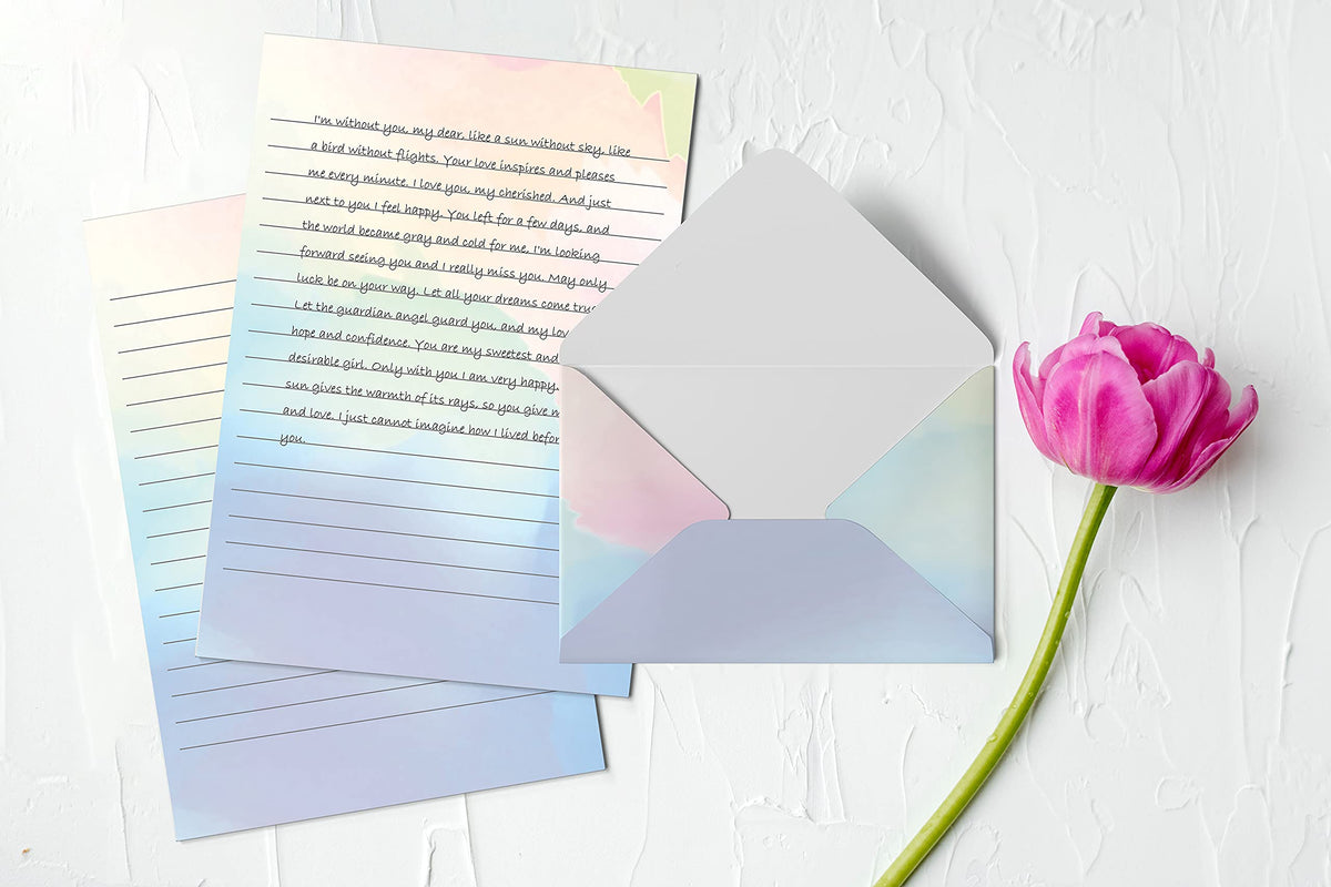 Better Office Products Mini Stationery Set, 100 Piece Set (50 Lined Watercolor Sheets + 50 Matching Envelopes), 5.5 x 8.25 inch, 12 Unique Designs, Double Sided Printing, One Side Lined Paper,