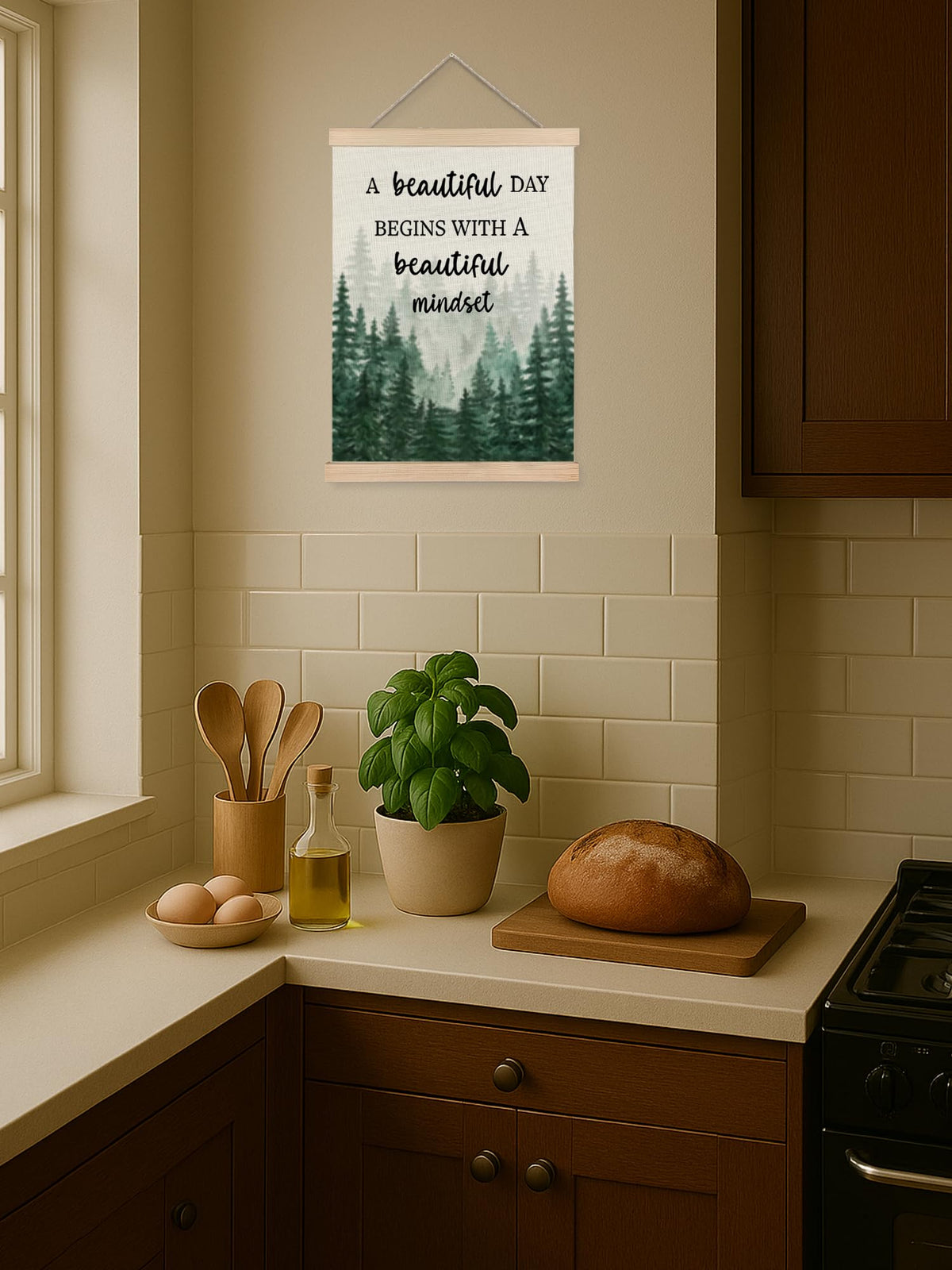 Mindset Framed Canvas Wall Art - A Beautiful Day Begins with a Beautiful Mindset Hanging Canvas Wall Decor for Bedroom Office, Nature Forest Mountain Positive Hanging Poster, Inspirational Gifts for Women
