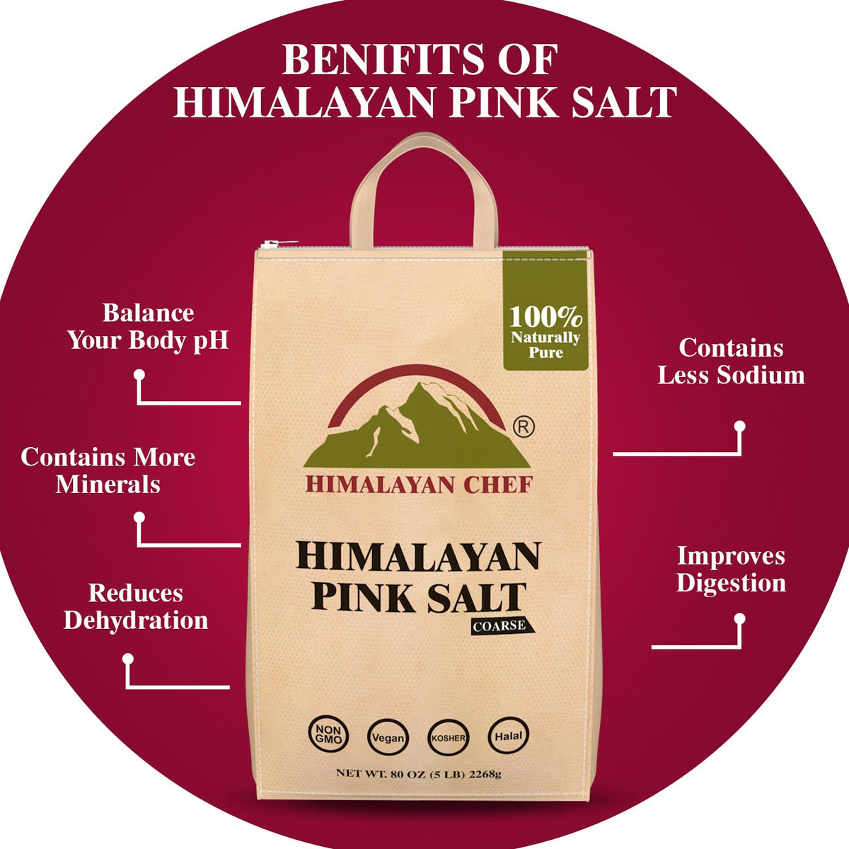 Himalayan Chef Himalayan Pink Salt - 5 lbs Coarse Grain Bulk Bag - 100% Natural and Pure Gourmet Crystals, Contains 84 Minerals, Table Salt, Kosher and Vegan | For Grinders & Salt Mills
