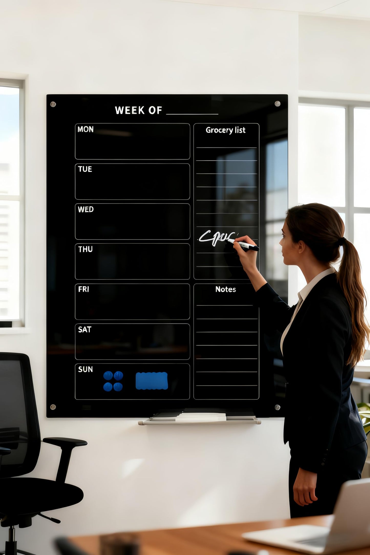 24" x 36" Magnetic Weekly Glass Planner Whiteboard Frameless Black Dry Erase Calendar for Office or Home Kitchen - Premium Tempered Glass, Vertical Wall-Mounted (6 Markers Included)