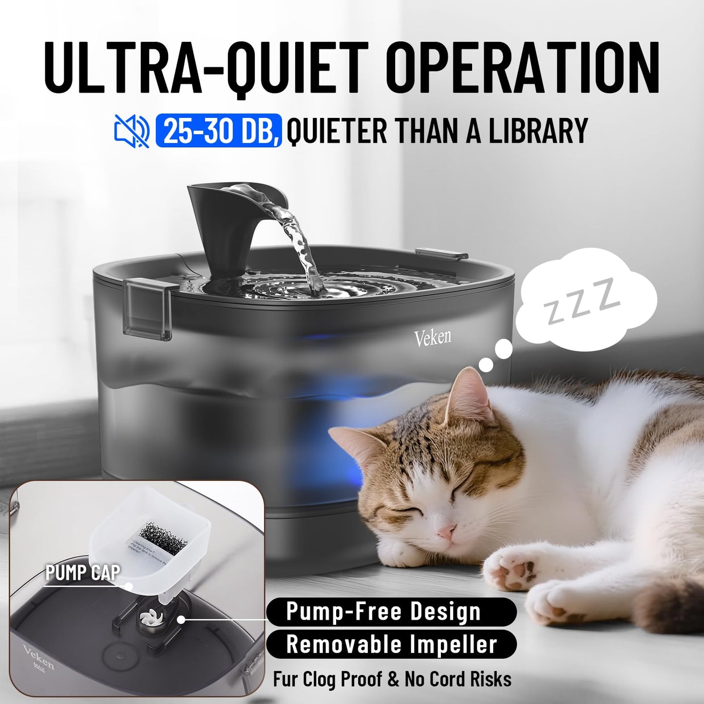 Veken Cat Water Fountain with Detachable Tank & Secure Clips, Easy to Clean & Assemble, 85oz/2.5L Pet Drinking Dispenser with Quiet Operation & LED Light, Gifts, Cats, Dogs and Small Pets, Black