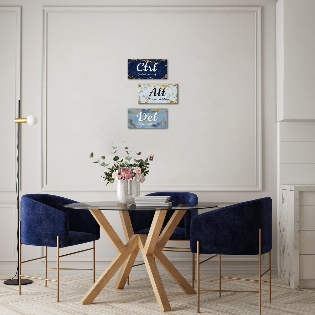 iKNOW FOTO 3 Pieces Blue Grey and Gold Wall Art CTRL ALT DEL Office Canvas Prints Marble Inspirational Quotes Motivational Wall Decor Each Panel 6x12''