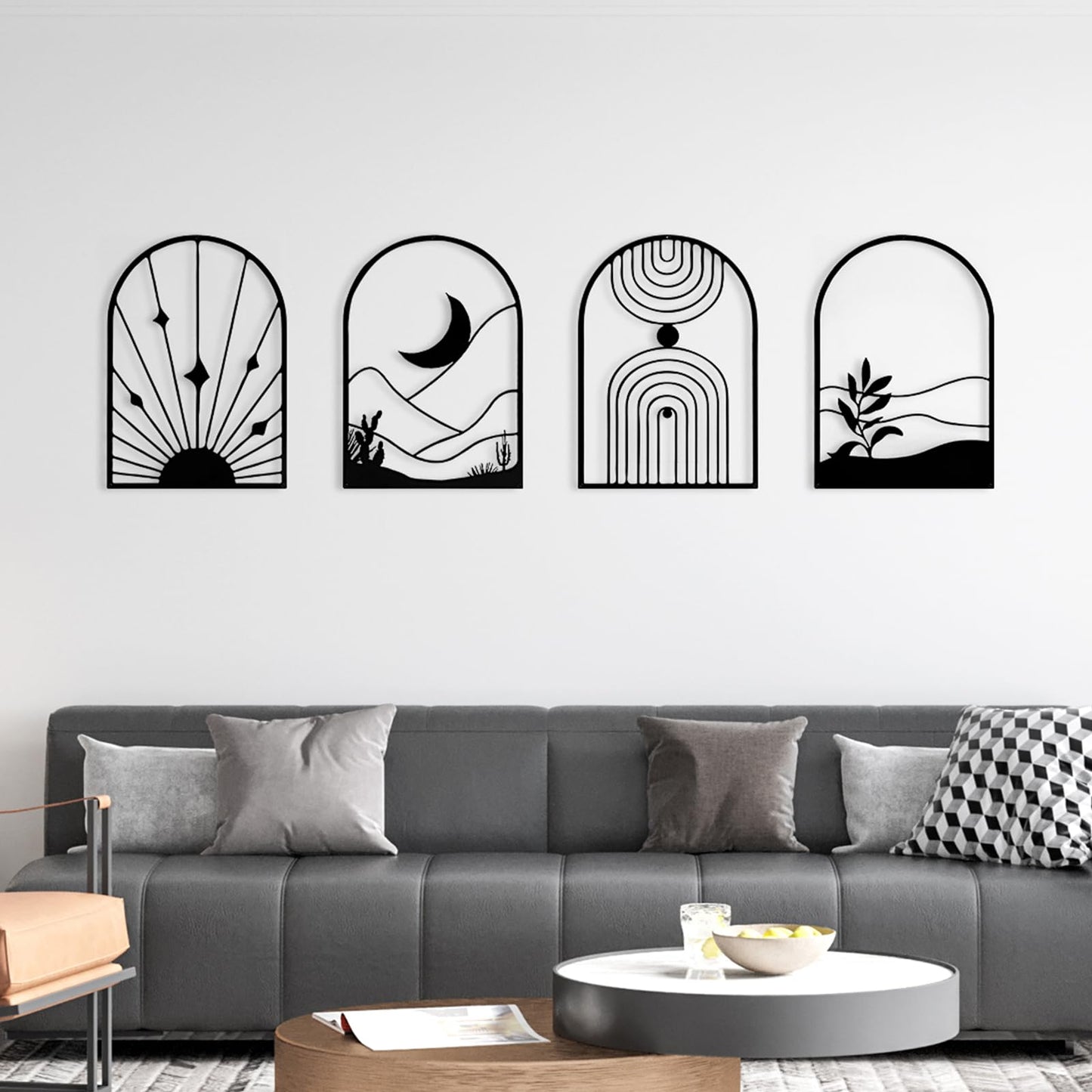 WOWSTAR 4 Pcs Black Large Metal Wall Art, 17x12 Inch Modern Minimalist Iron Wall Sculpture, 3D Textured Art Wall Décor for Living Room, Dining Room, Bedroom, Office