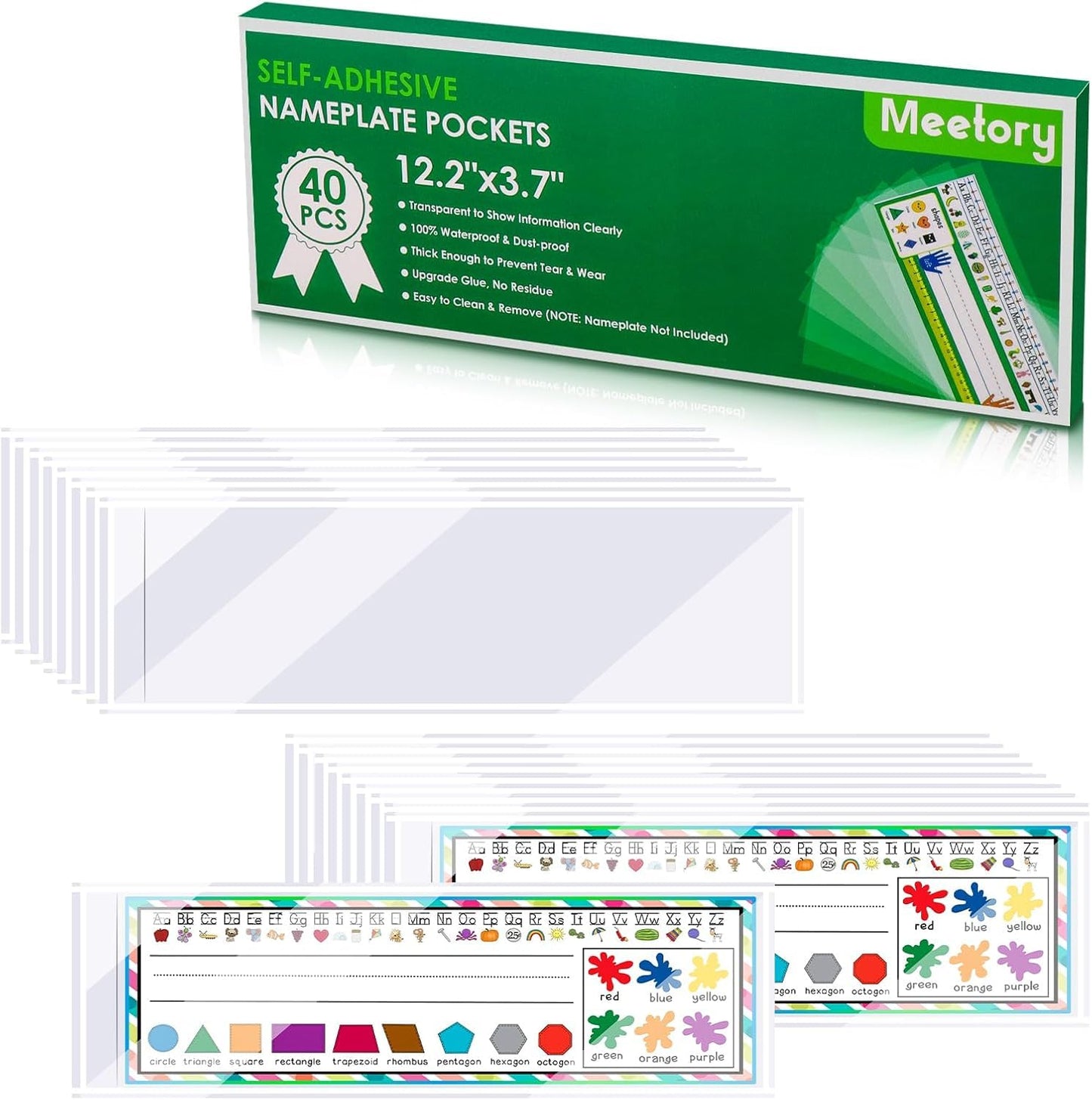 Meetory 40 PCS Upgraded Nameplate Pocket, Self Adhesive Desk Nameplates Name Tag Pocket, No Residue Clear Plastic View Name Tag Sleeves for Classroom Desk, Office Supplies (12.2" x 3.7")