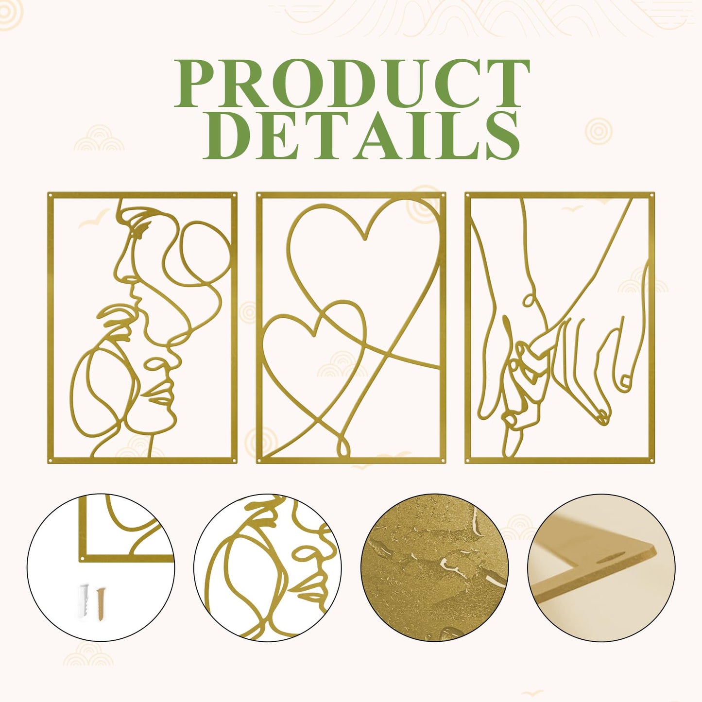 ESTART 3 Pieces Metal Minimalist Line Wall Art, Valentine's Day Lover Kiss Hand Metal Wall Decor, Aesthetic Modern Home Hanging Wall Art Decor for Bedroom Bathroom Living Room (Gold)
