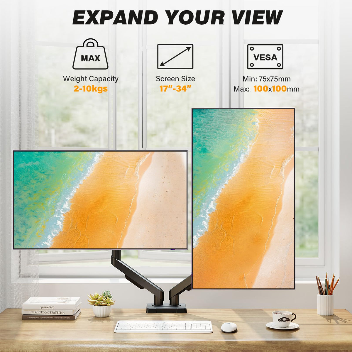 5Rcom Dual Monitor Stand for 17-34 inch Computer Screens, Full Motion Monitor Dual Monitor Arms, Dual Monitor Arms Hold up to 22lbs, Gas Spring Monitor Stand, 75/100mm VESA Mount