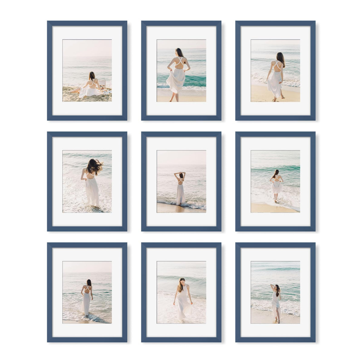 YESKAY 11x14 Picture Frame Set of 9 Photo Gallery Wall Frame Set Display Pictures 8x10 with Mat or 11 x 14 Without Multi Photo Frames for Wall Mounting or Table Top Display, Blue