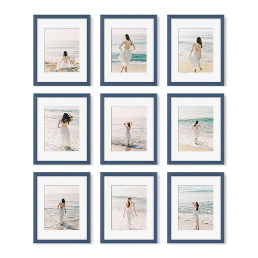 YESKAY 11x14 Picture Frame Set of 9 Photo Gallery Wall Frame Set Display Pictures 8x10 with Mat or 11 x 14 Without Multi Photo Frames for Wall Mounting or Table Top Display, Blue