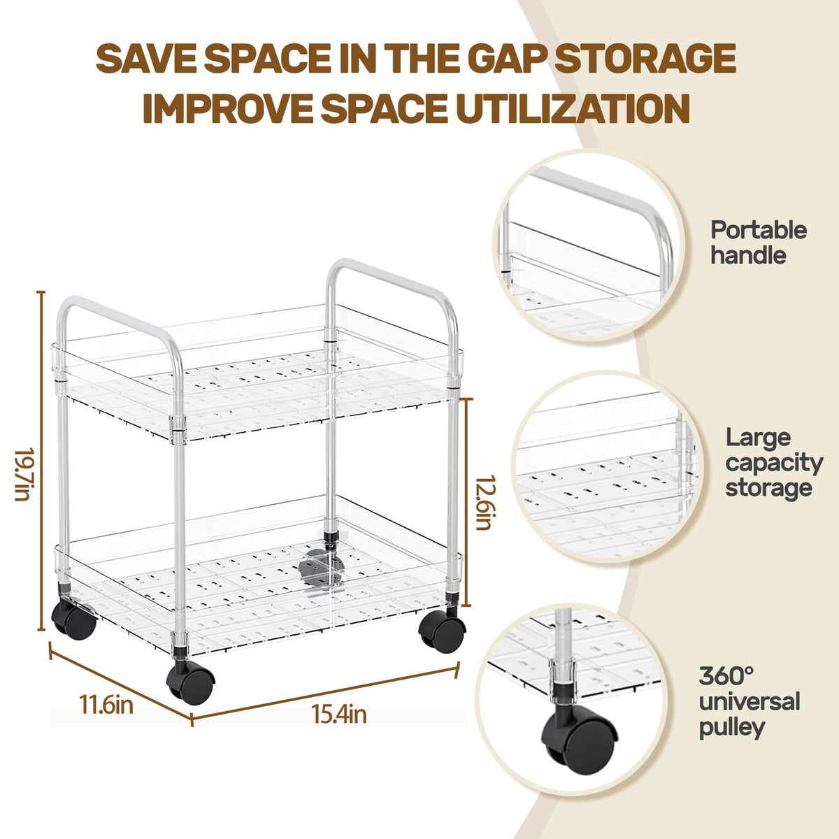 2 Tier Utility Rolling Cart with Wheels Multifunctional Storage Cart Under Desk Storage Organizer with Handle and Hooks for Home Kitchen Office Bathroom Organization Transparent