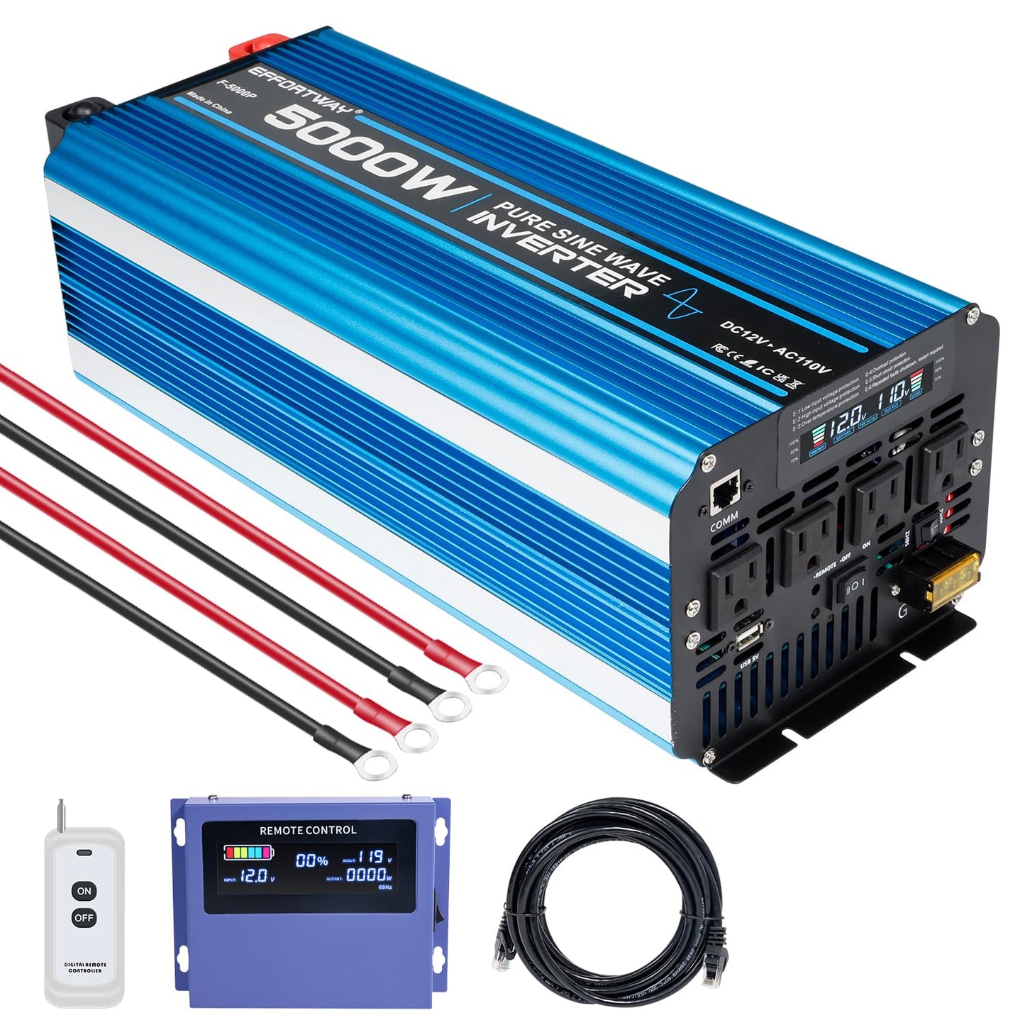 5000W Pure sine Wave Inverter DC 12V to AC 110V/120V Converter 10000w (Peak) with LCD Display Wireless/Wired Remote Control 4AC outlets 4USB and Hardwired AC.Ideal for RV Travel Off-Grid Solar Systems