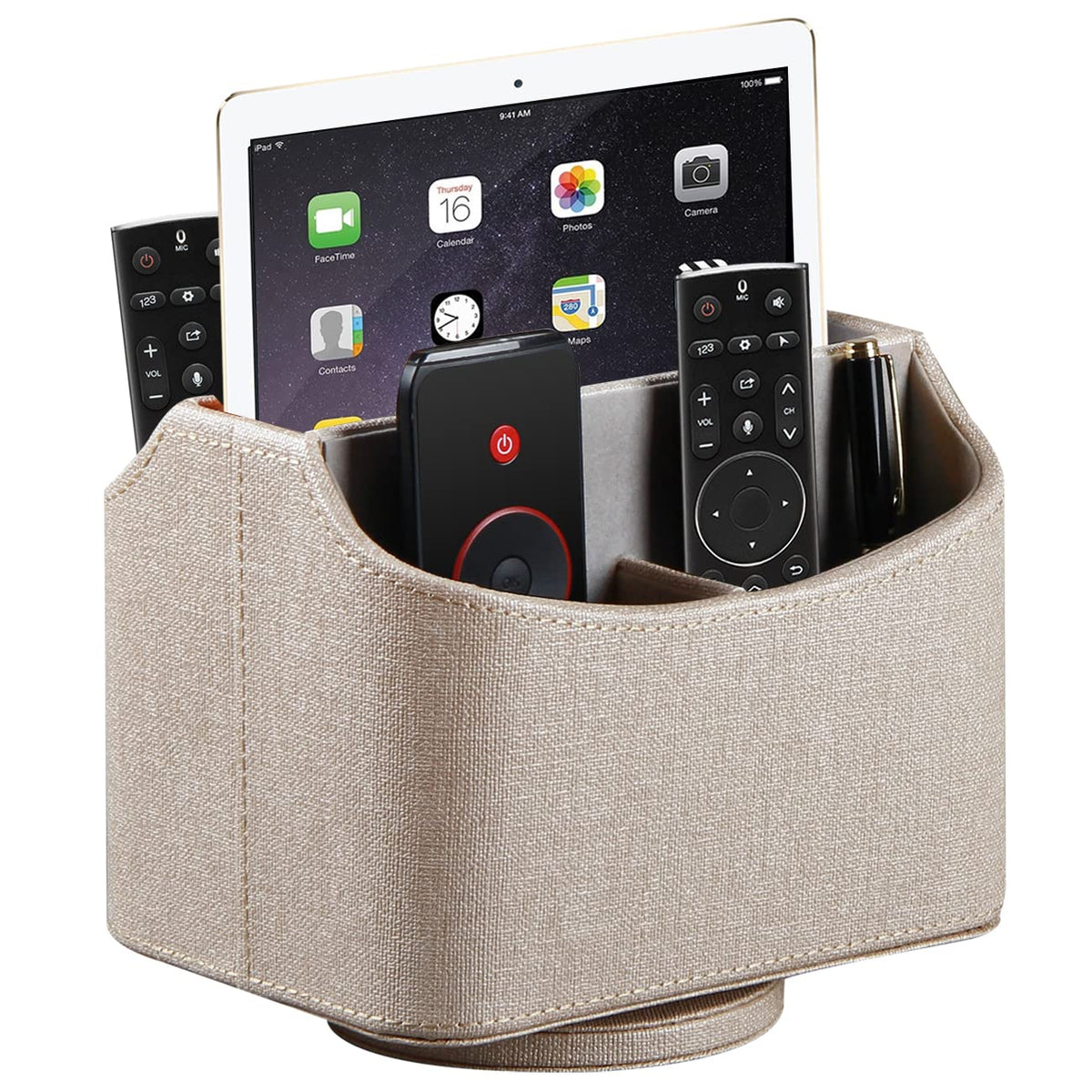 Remote Control Holder, Swivel Desk Organizer and Decorations for Living Room, Bedside Table Organizer Remotes Caddy for TV Controllers/ Stationery/ Art Supplies/ Pen, PU Leather Room Decor Aesthtic