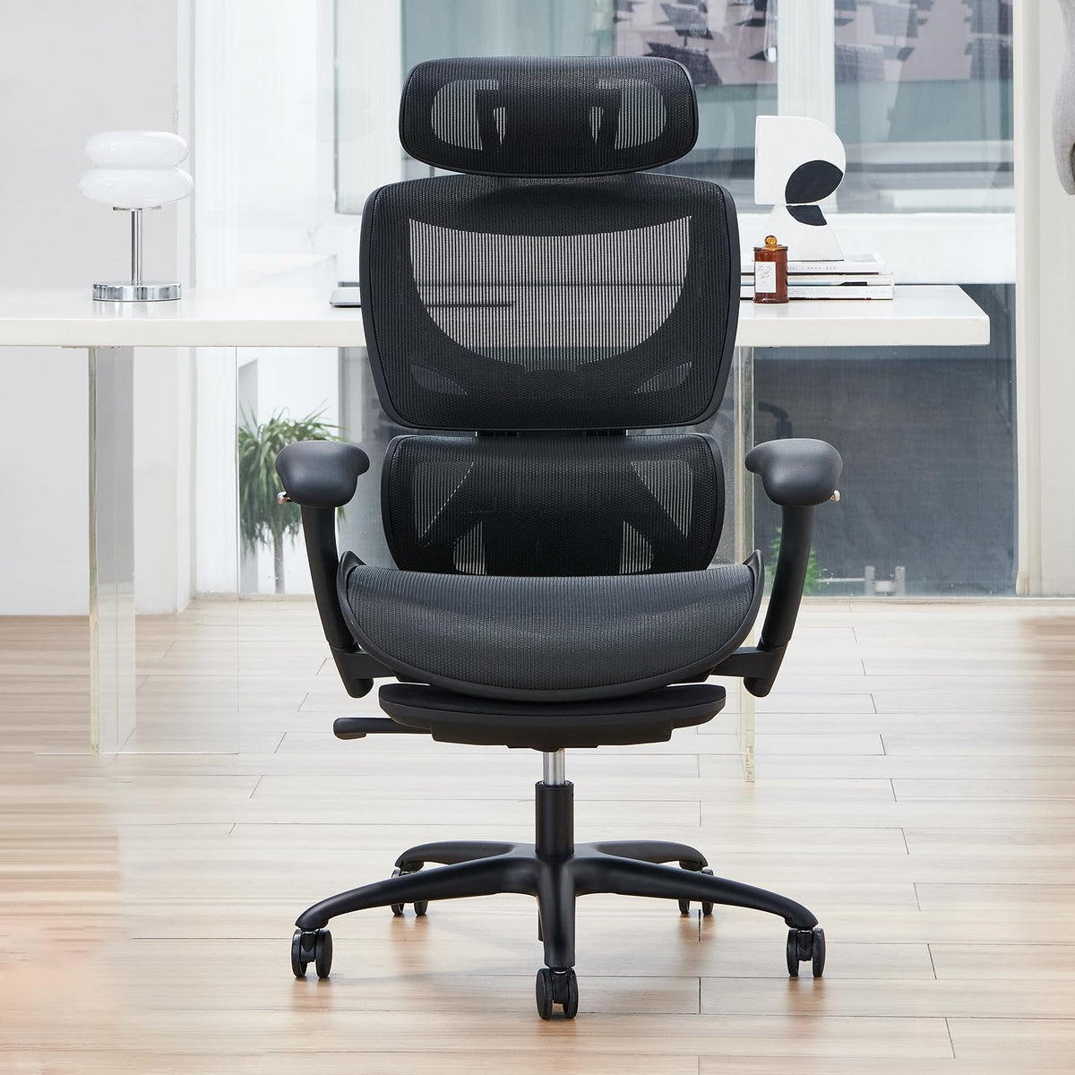COLAMY Ergonomic Mesh Office Chair with Footrest, Executive High Back Computer Desk Chair with Wide Headrest and Adjustable 3D Arms, Backrest, Tilt Lock and Lumbar Support(Black)